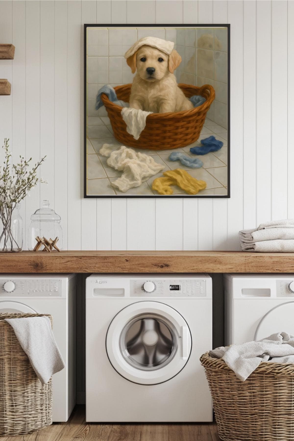 Golden Puppy Laundry Basket Print • Giclée Archival Matte Art
