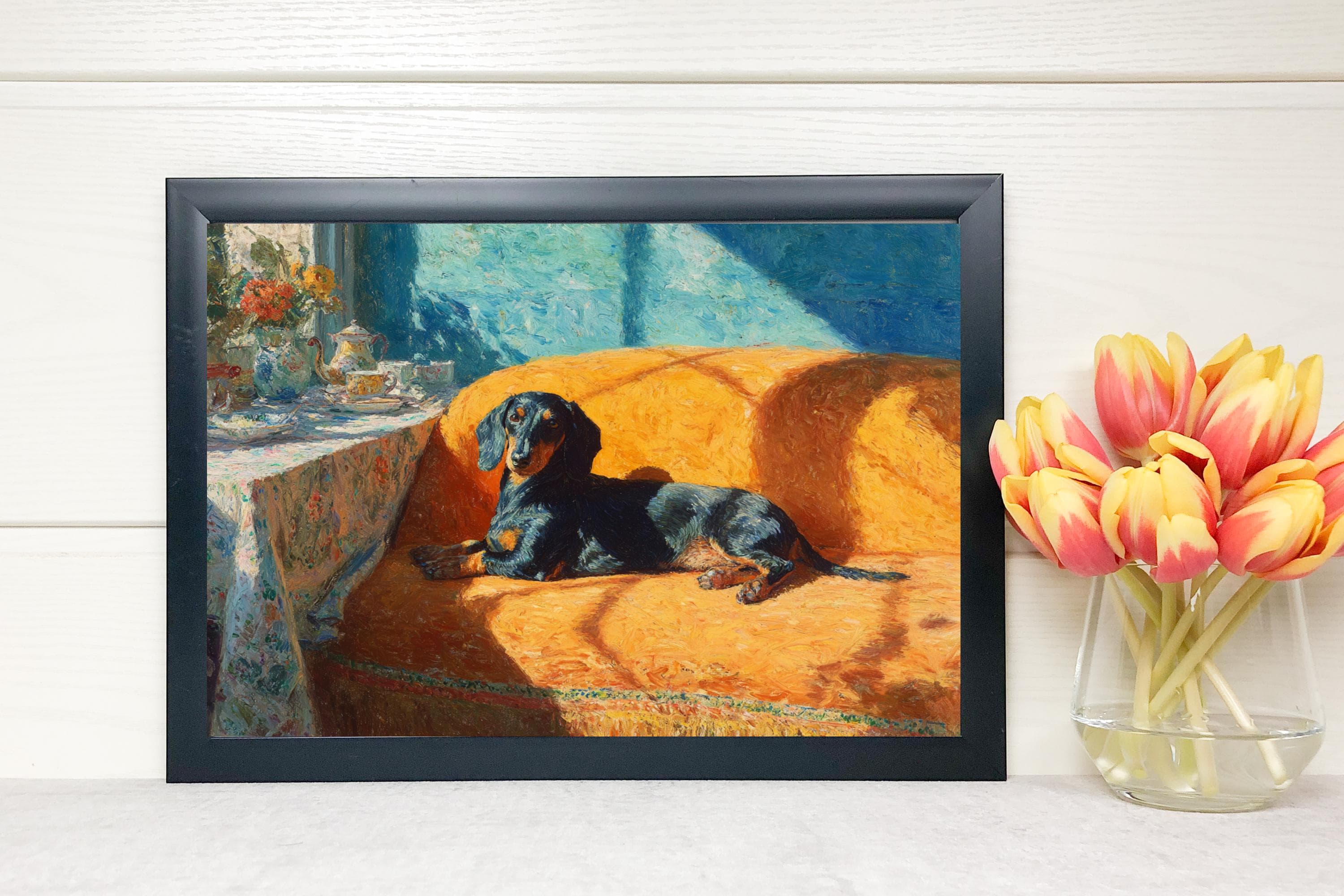 Dachshund Art Print | Sunny Morning, Orange Sofa, Canine Home Decor, Canine Companion Poster - image 5