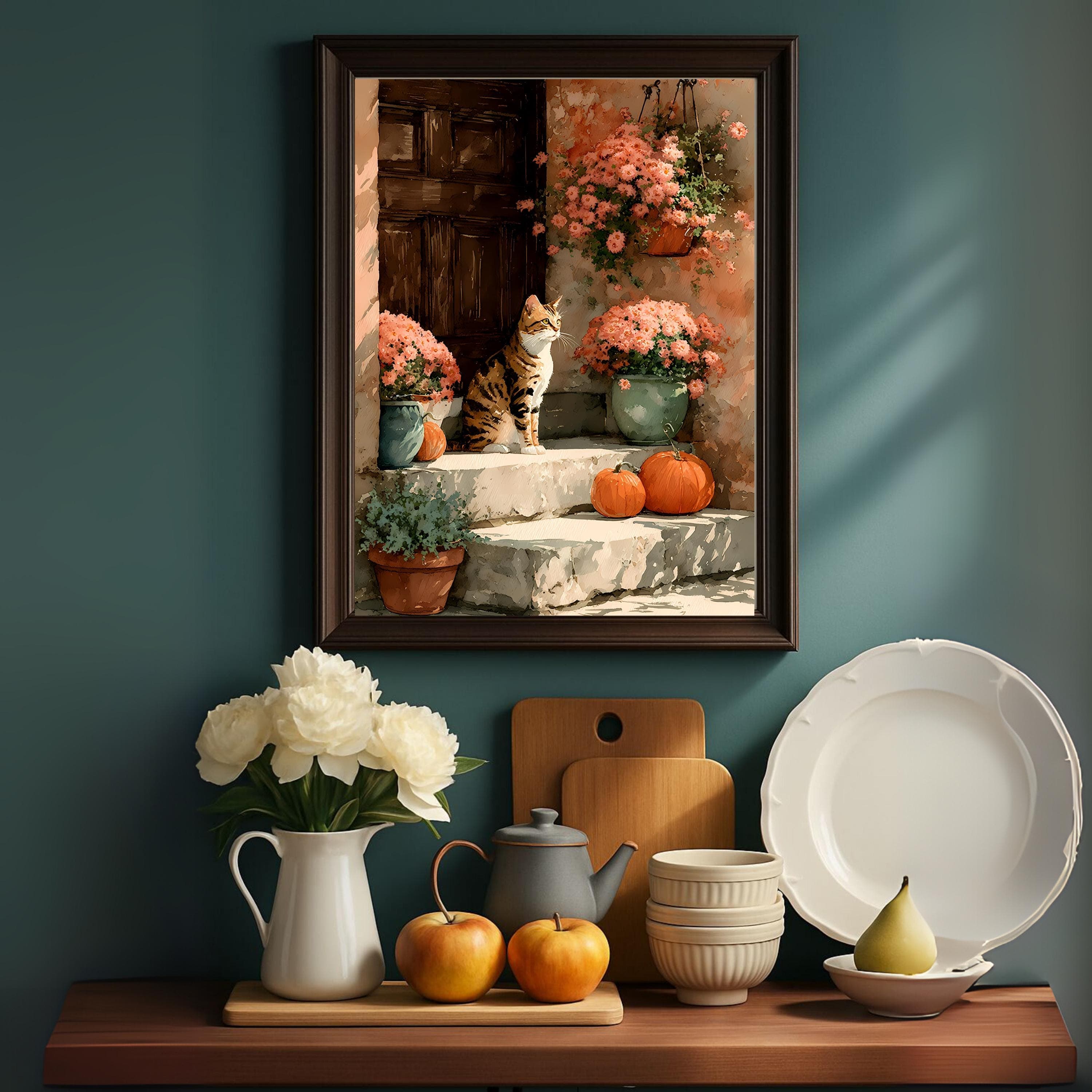 Tabby Cat Autumn Porch Canvas Art: Rustic Farmhouse Fall Decor - image 4