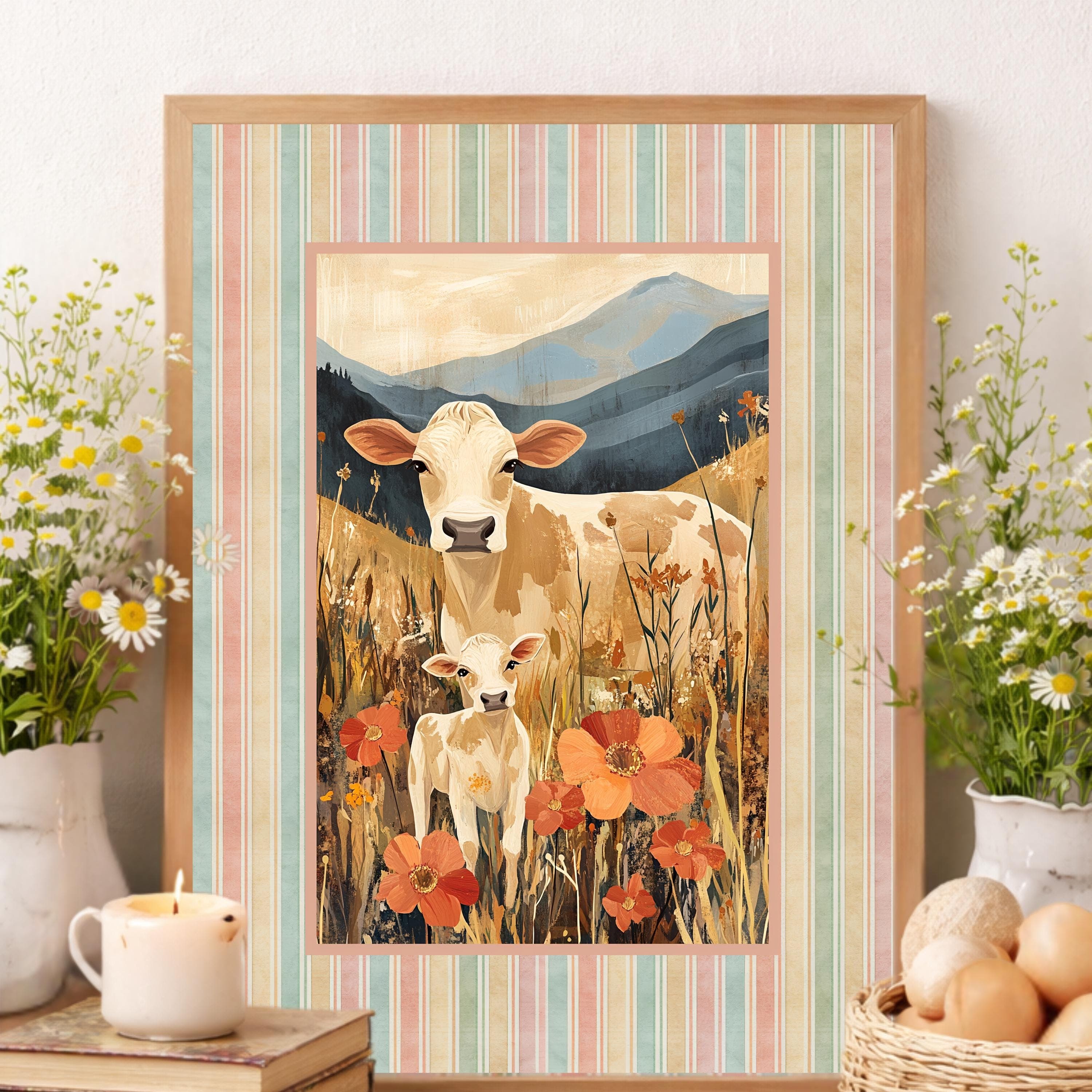 Mama Cow Calf Wildflower Art Print | Farm Nursery Decor, Storybook Illustration