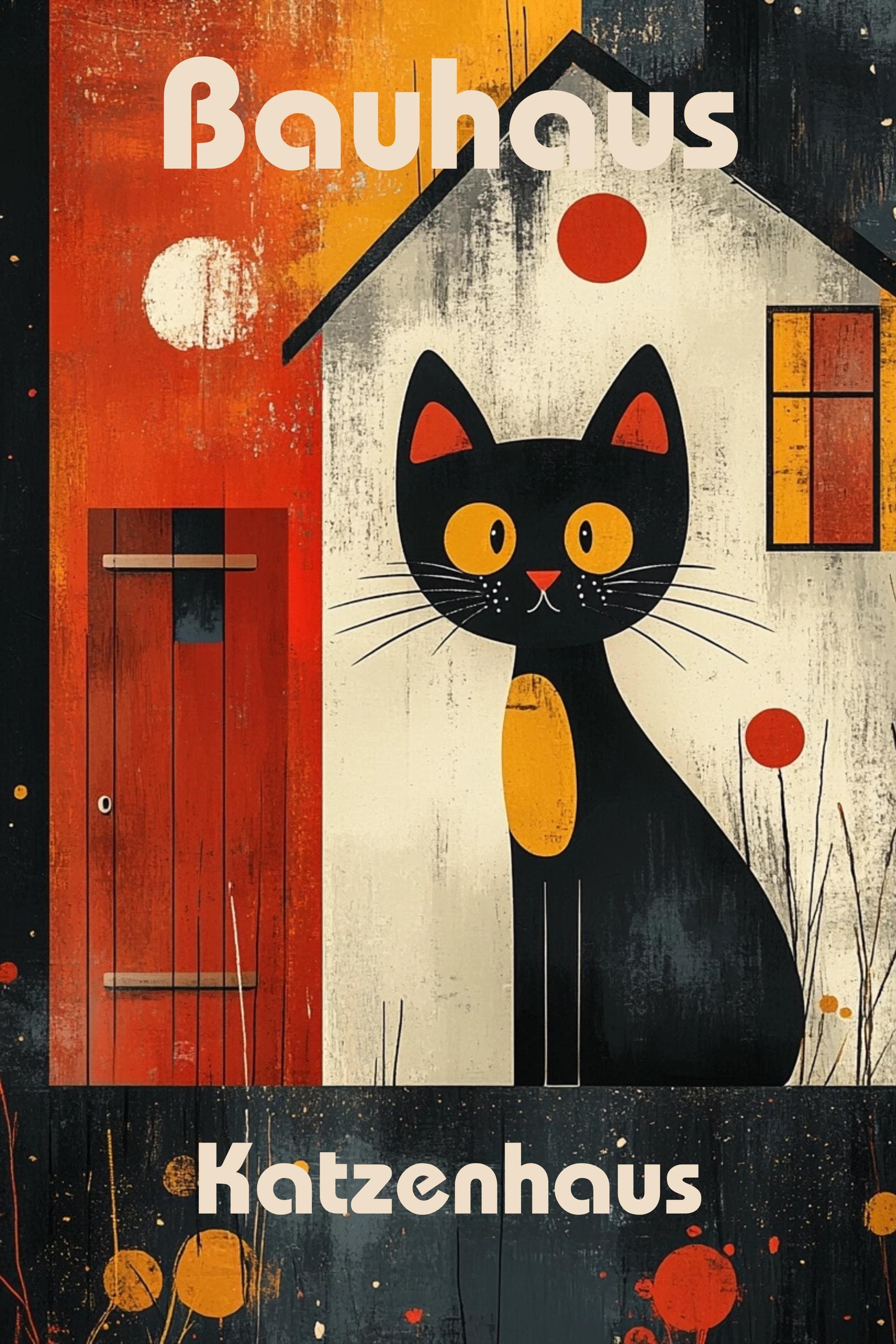 A cartoon cat sits in front of a house made of geometric shapes which are characteristic of the Bauhaus art movement. The word Bauhaus is at the top and the German word for Cat House (Katzenhaus) is at the bottom. The letters are in the Bauhaus font and are printed in white. Using the German word gave the picture a little International twist!