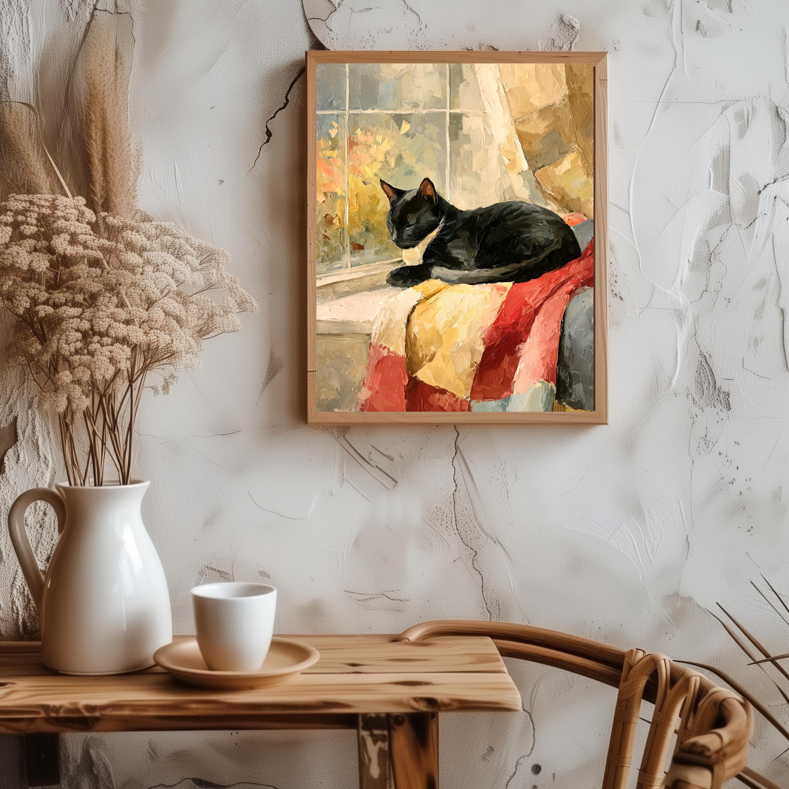 Black Cat on Quilt Print: Impasto Oil Painting, Rustic Cottagecore Wall Art - image 4