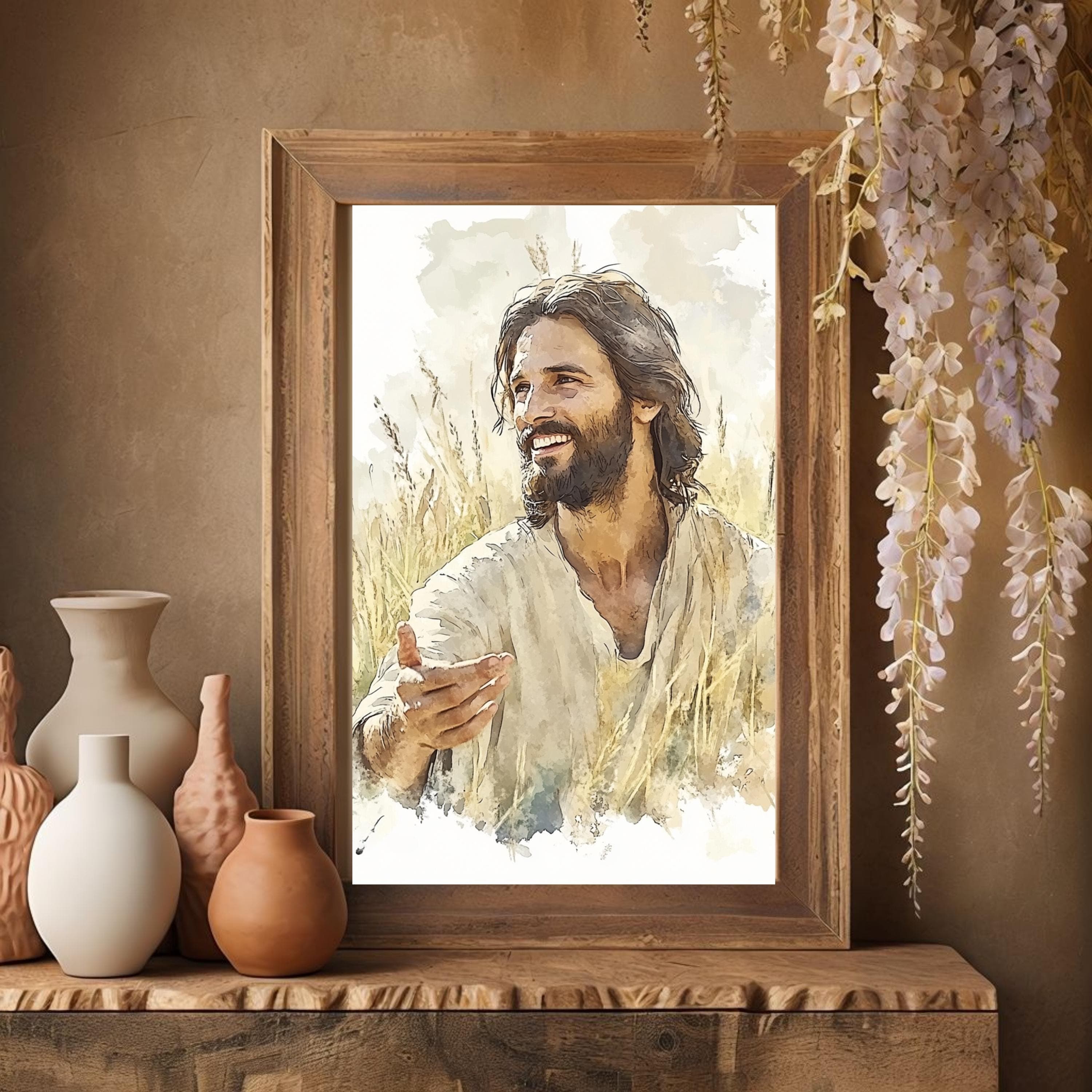 Watercolor Jesus Laughing Portrait: Christian Wall Art Print