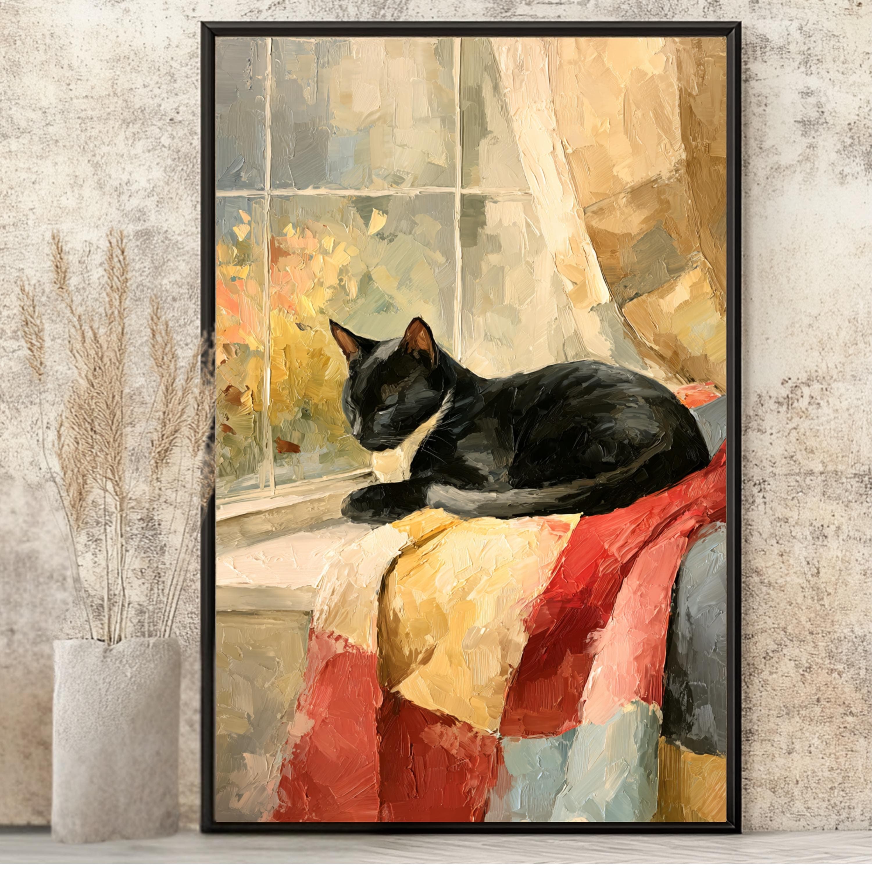 Black Cat on Quilt Print: Impasto Oil Painting, Rustic Cottagecore Wall Art