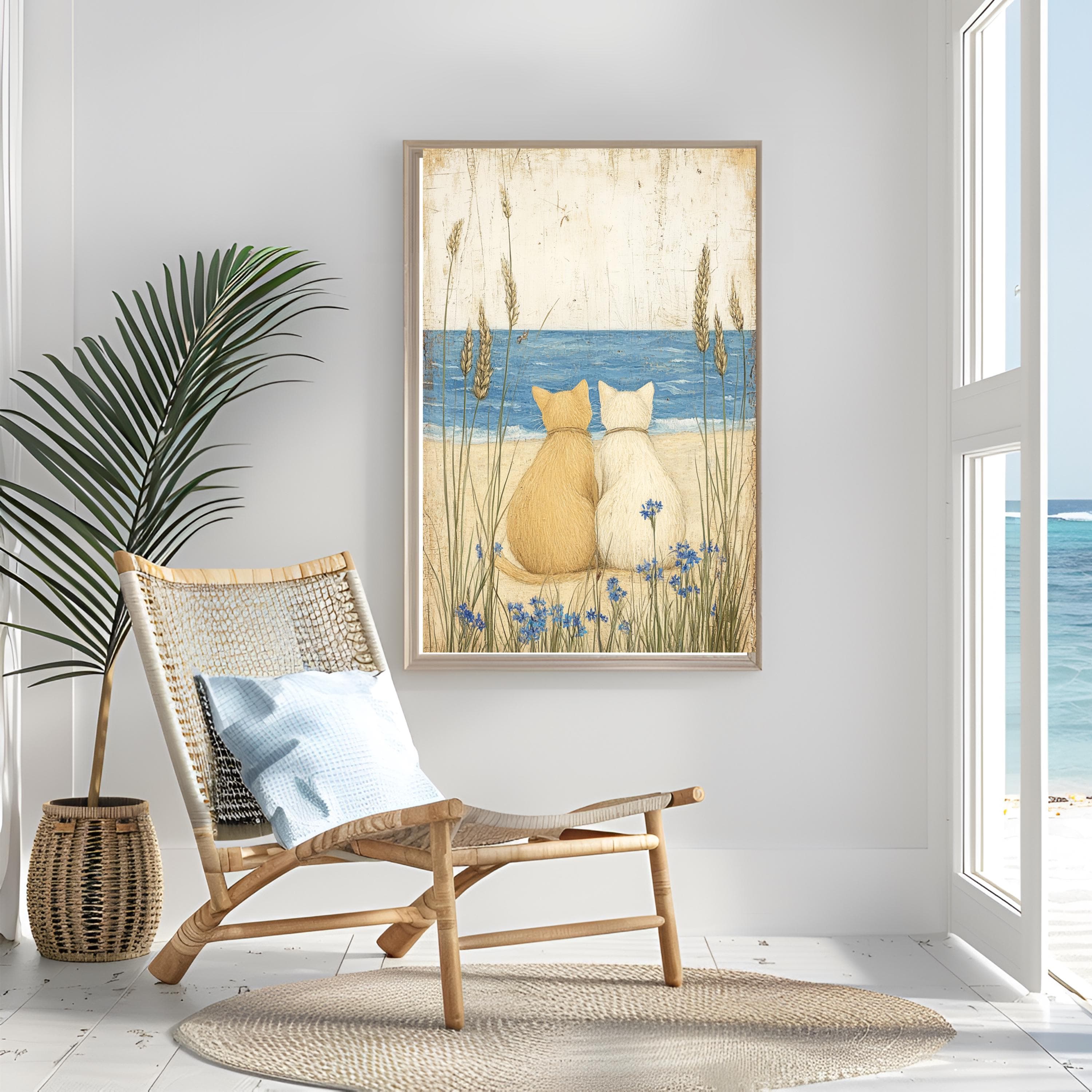 Coastal Cat Watercolor Art Print: Beach Cats Seaside Poster