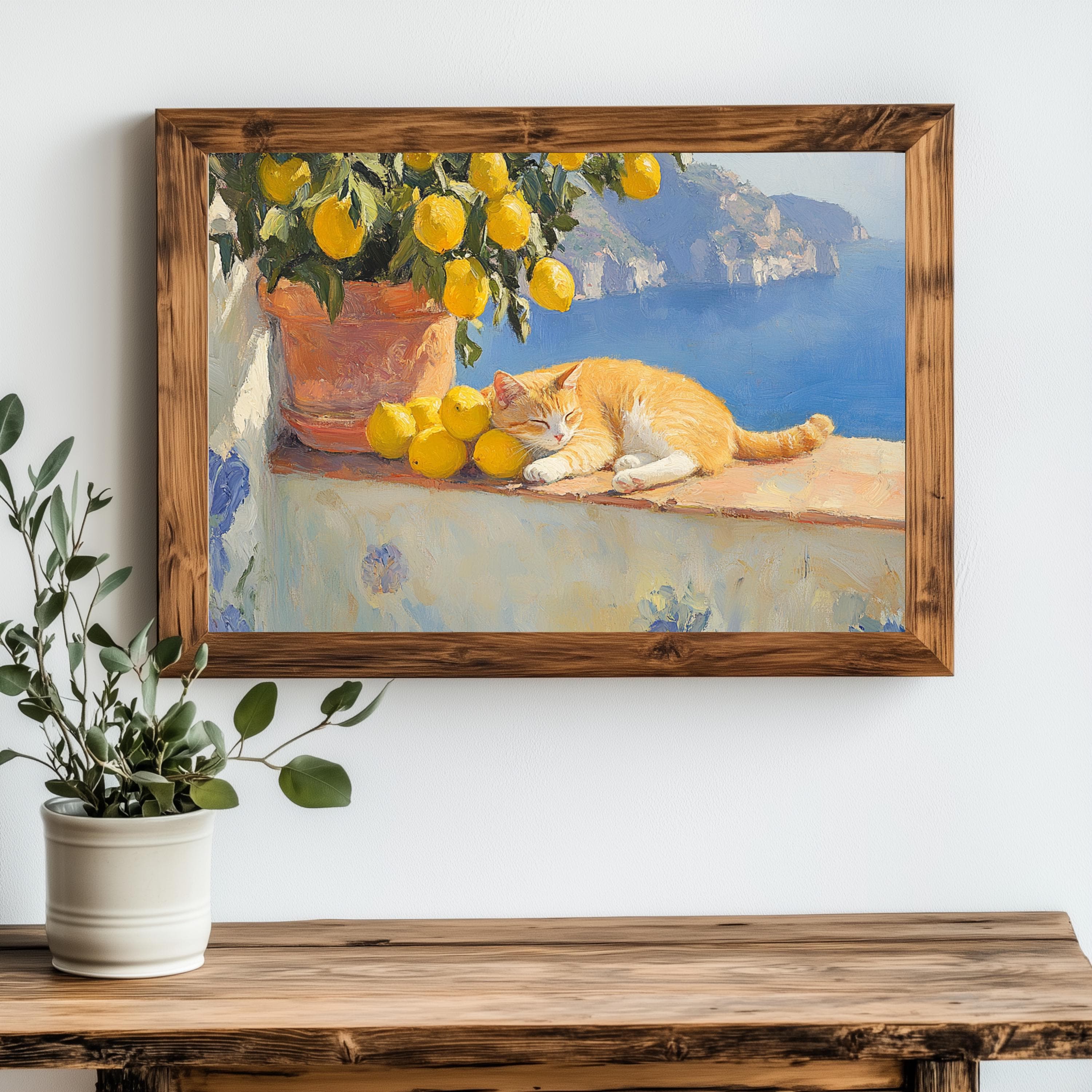 Ginger Cat & Lemons Art Print: Mediterranean Amalfi Coast Decor