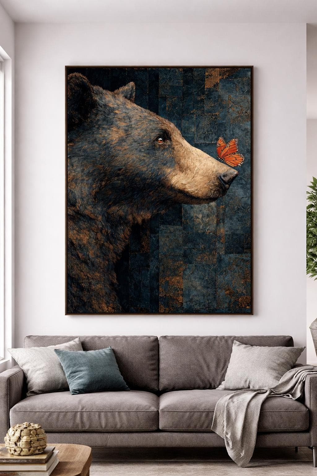 Bear and Butterfly Canvas Print, Teal Brown Orange, Rustic Lodge Wall Art
