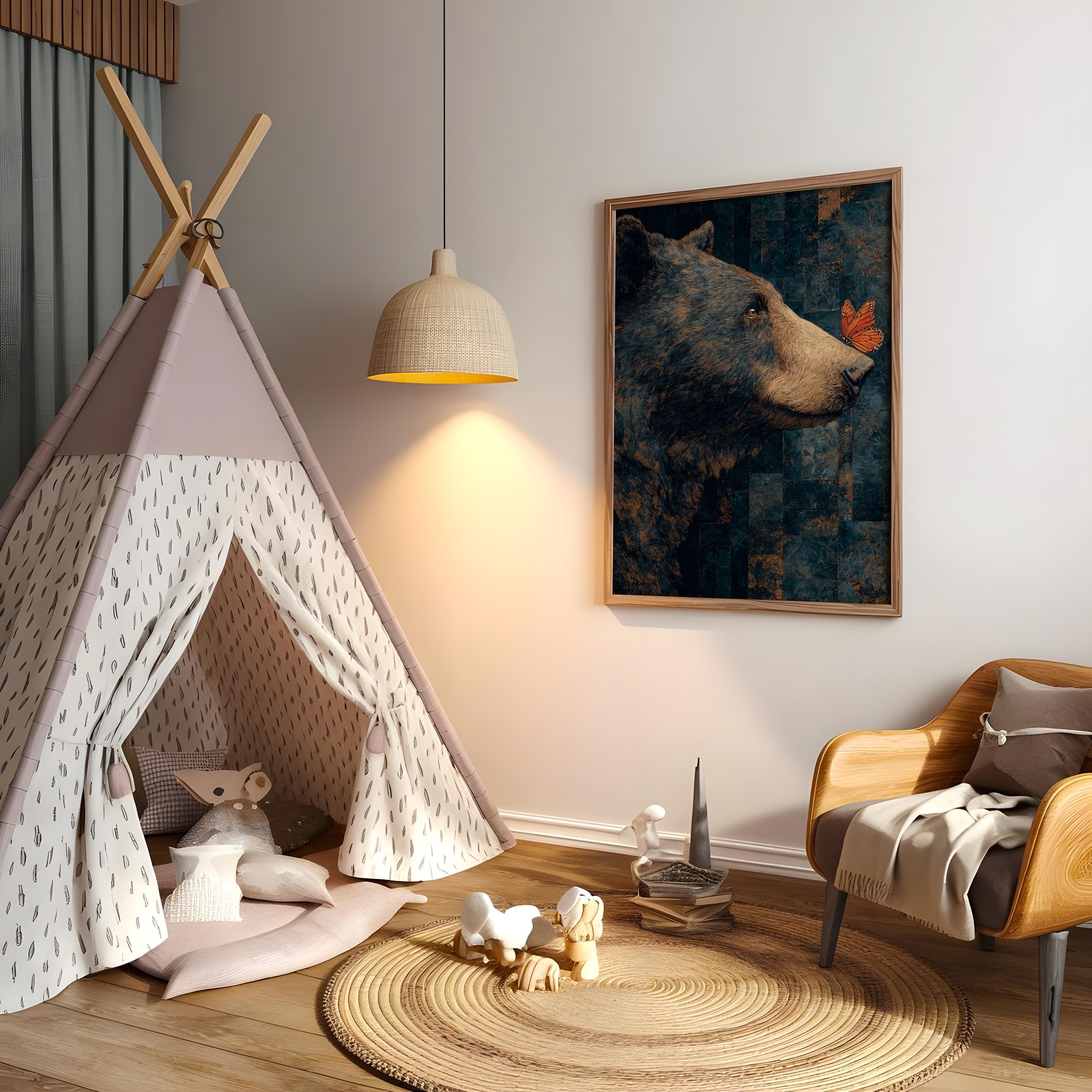 Bear and Butterfly Canvas Print, Teal Brown Orange, Rustic Lodge Wall Art - image 5