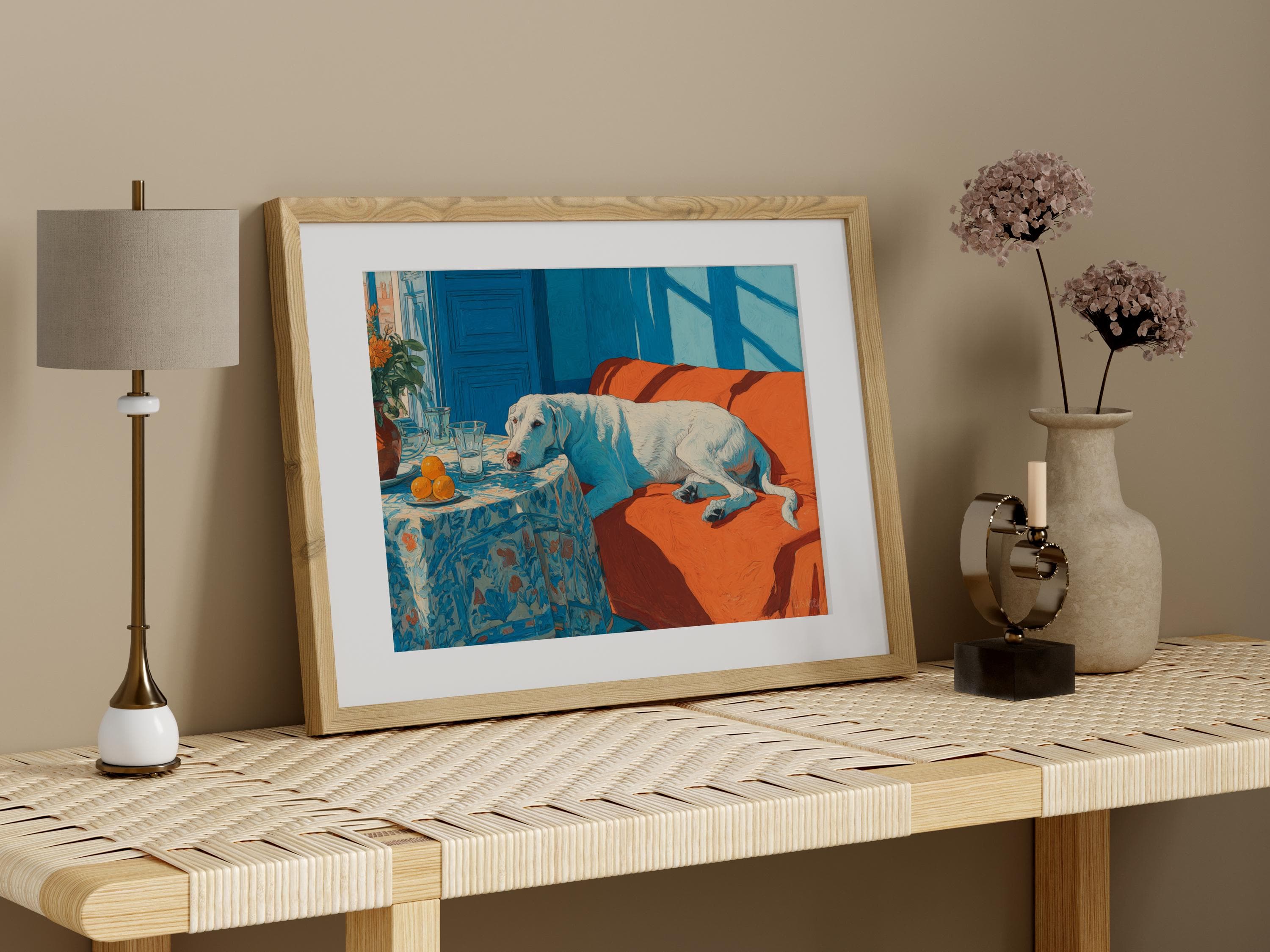Irish Wolfhound Art Print | Still Life Dog Poster, Blue & Orange Decor - image 3