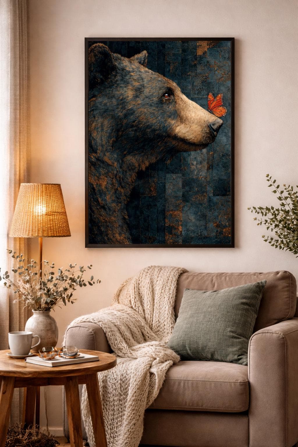 Bear and Butterfly Canvas Print, Teal Brown Orange, Rustic Lodge Wall Art - image 4