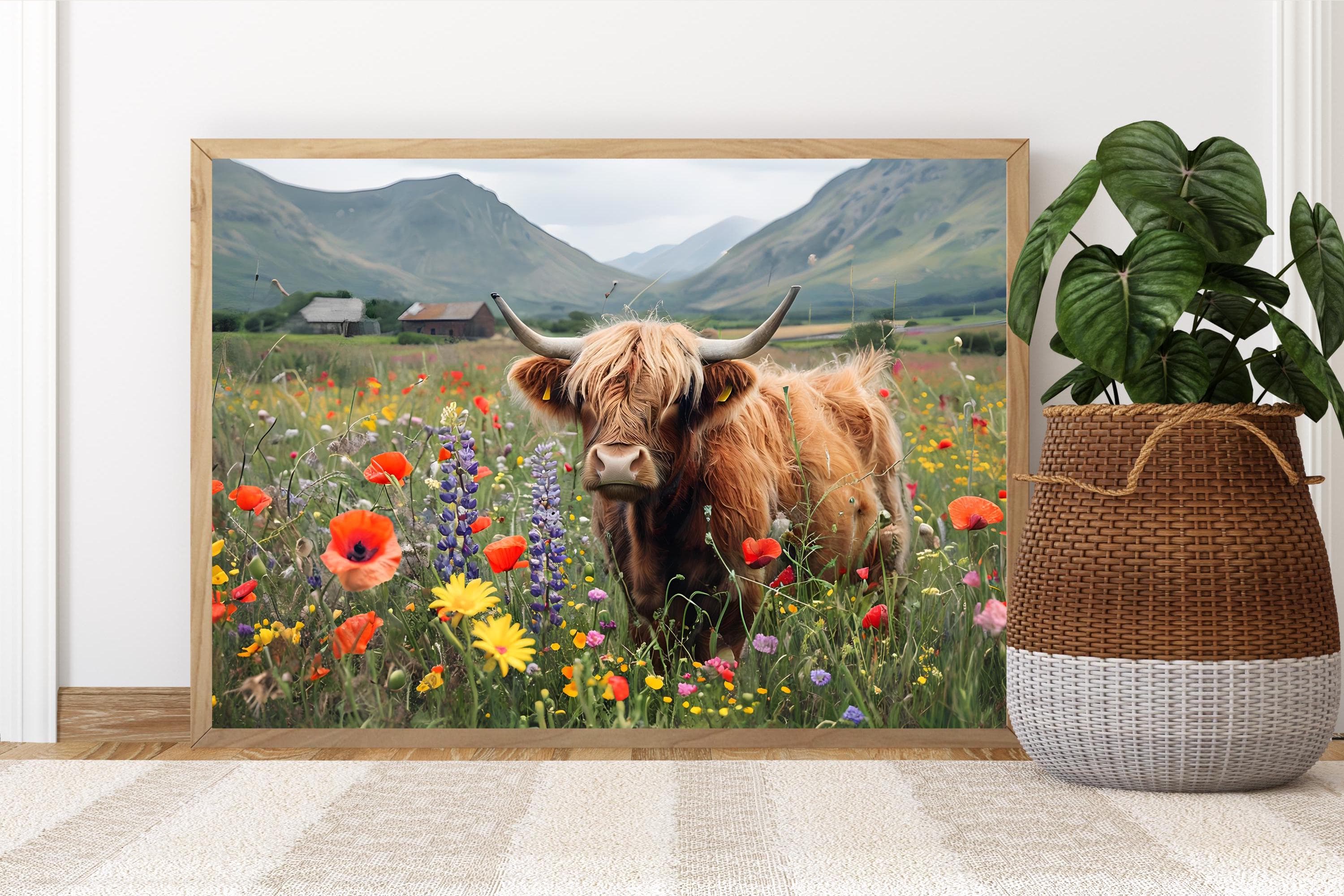Highland Cow Watercolor Print: Rustic Farmhouse Wildflower Meadow