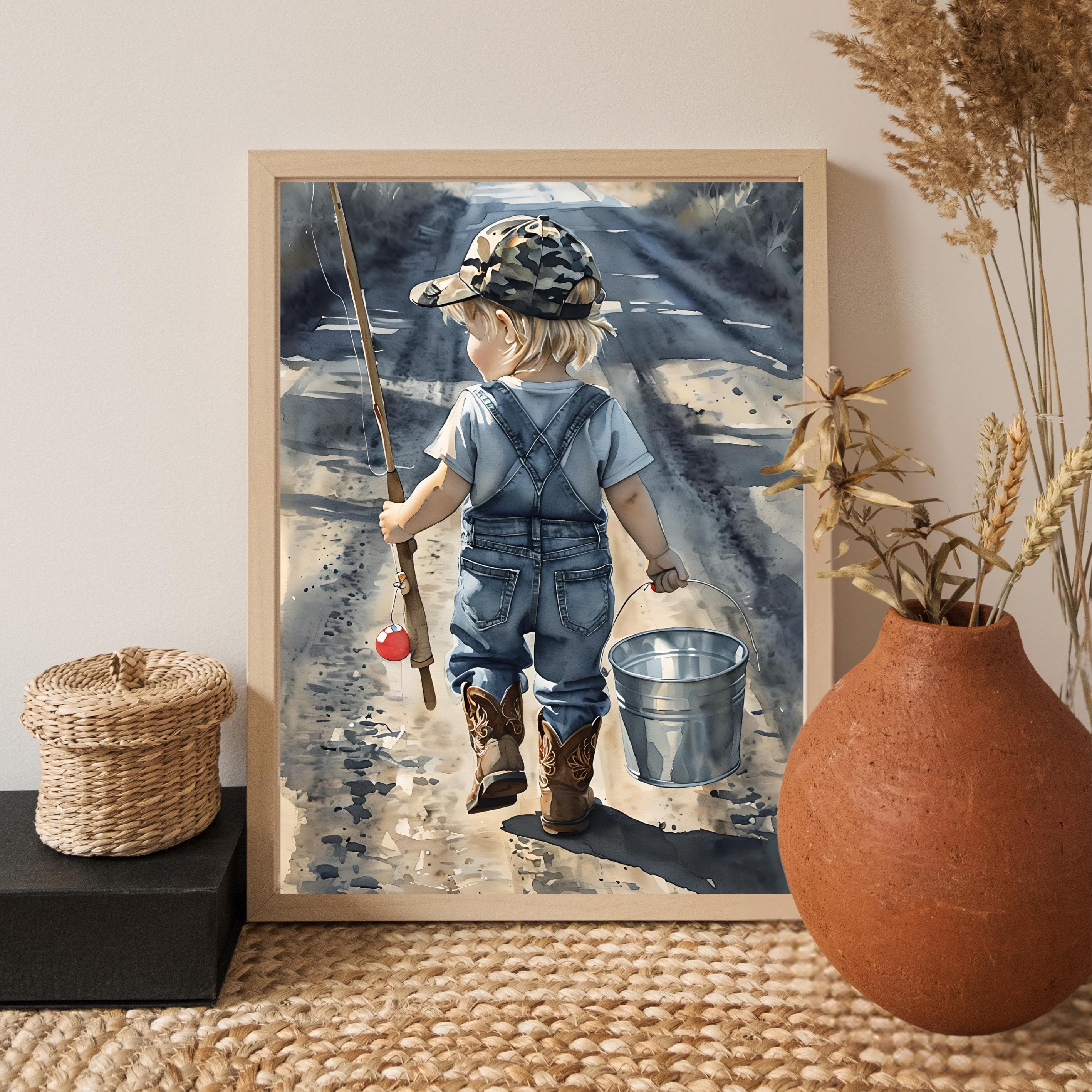 Boy Fishing Watercolor Print: Rustic Country Nursery Art - image 3