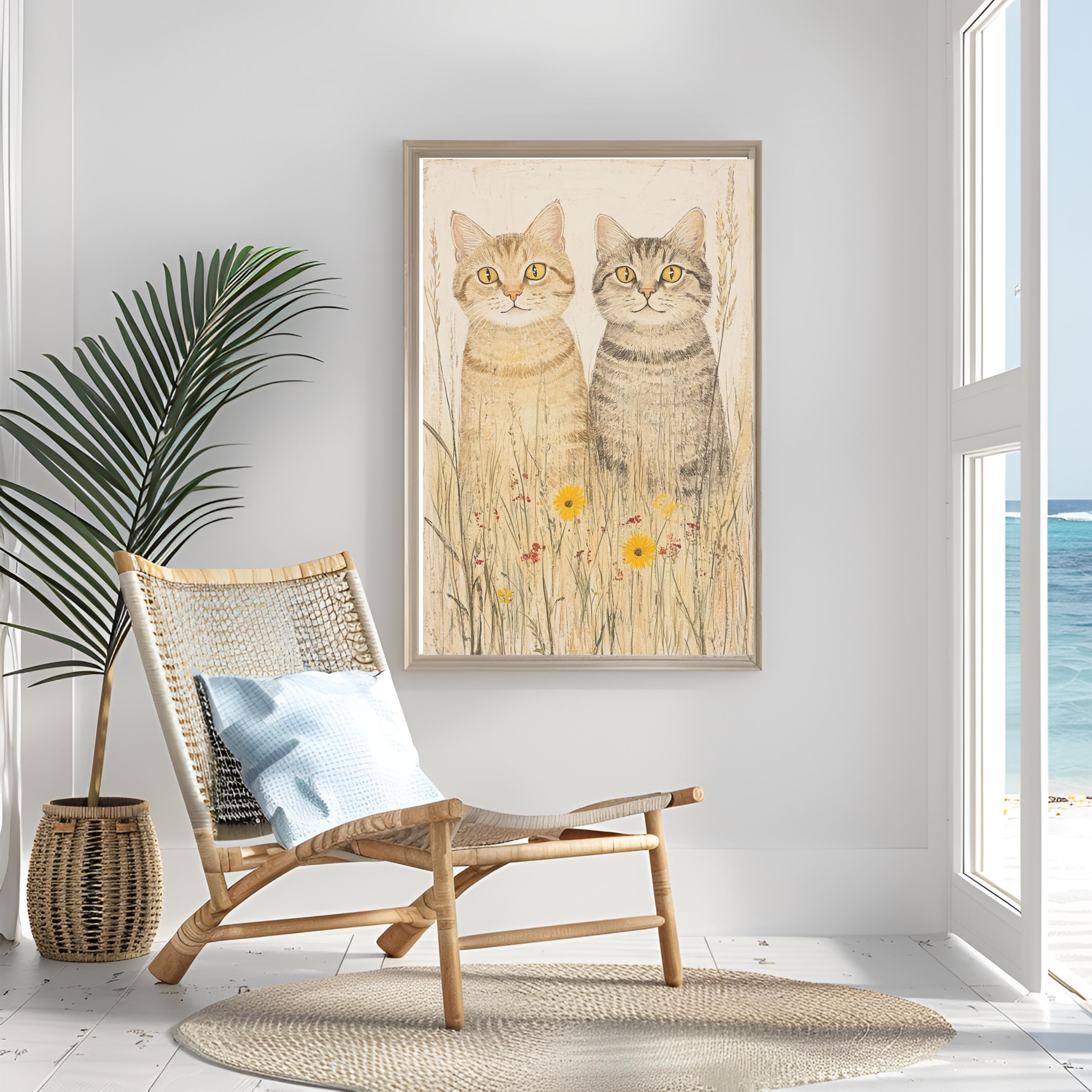 Coastal Tabby Cat Art Print: Whimsical Seaside Wildflowers Watercolor