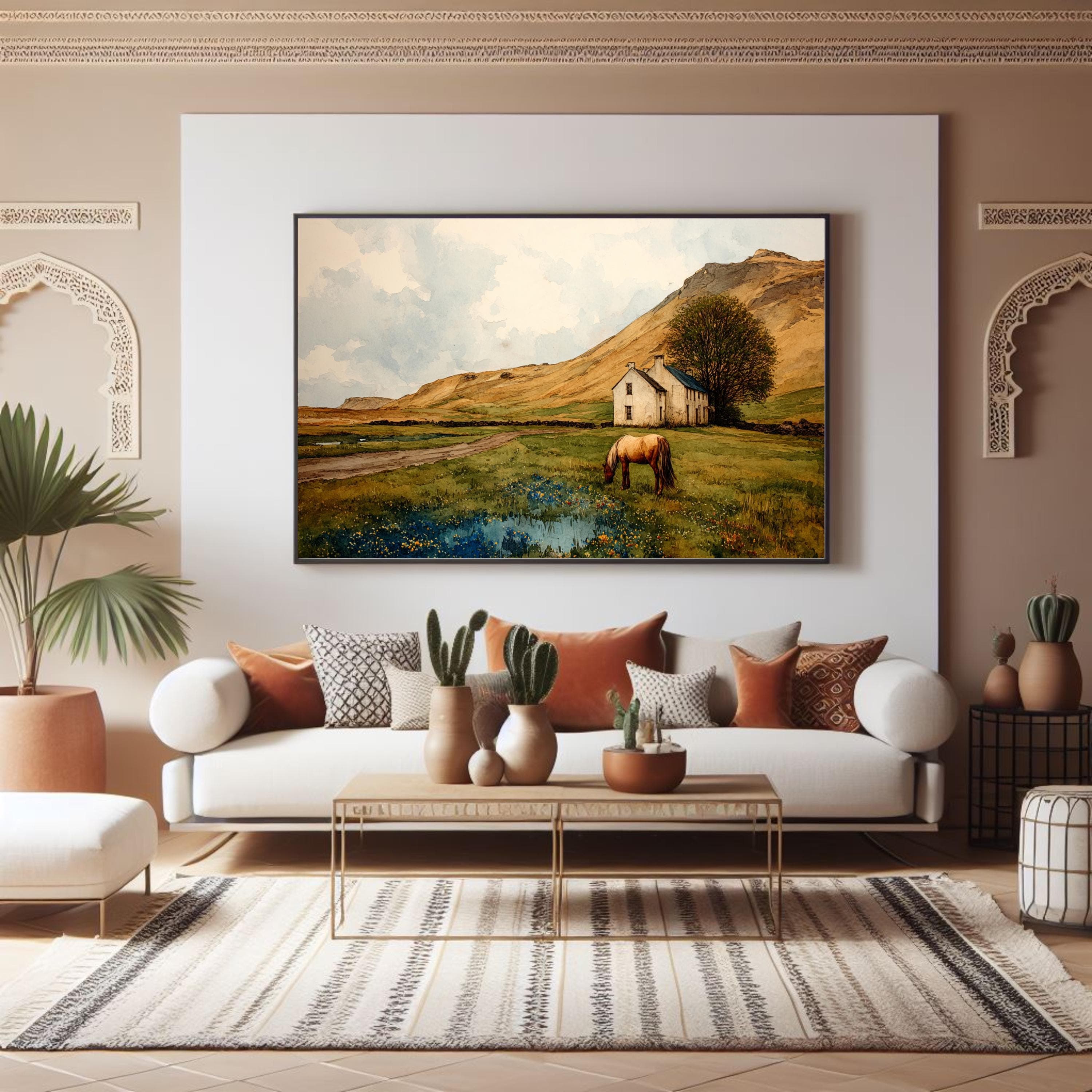 Horse Watercolor Landscape Print – Wildflowers & Farmhouse Wall Art, Western Country Poster, Large Rustic Decor - image 5