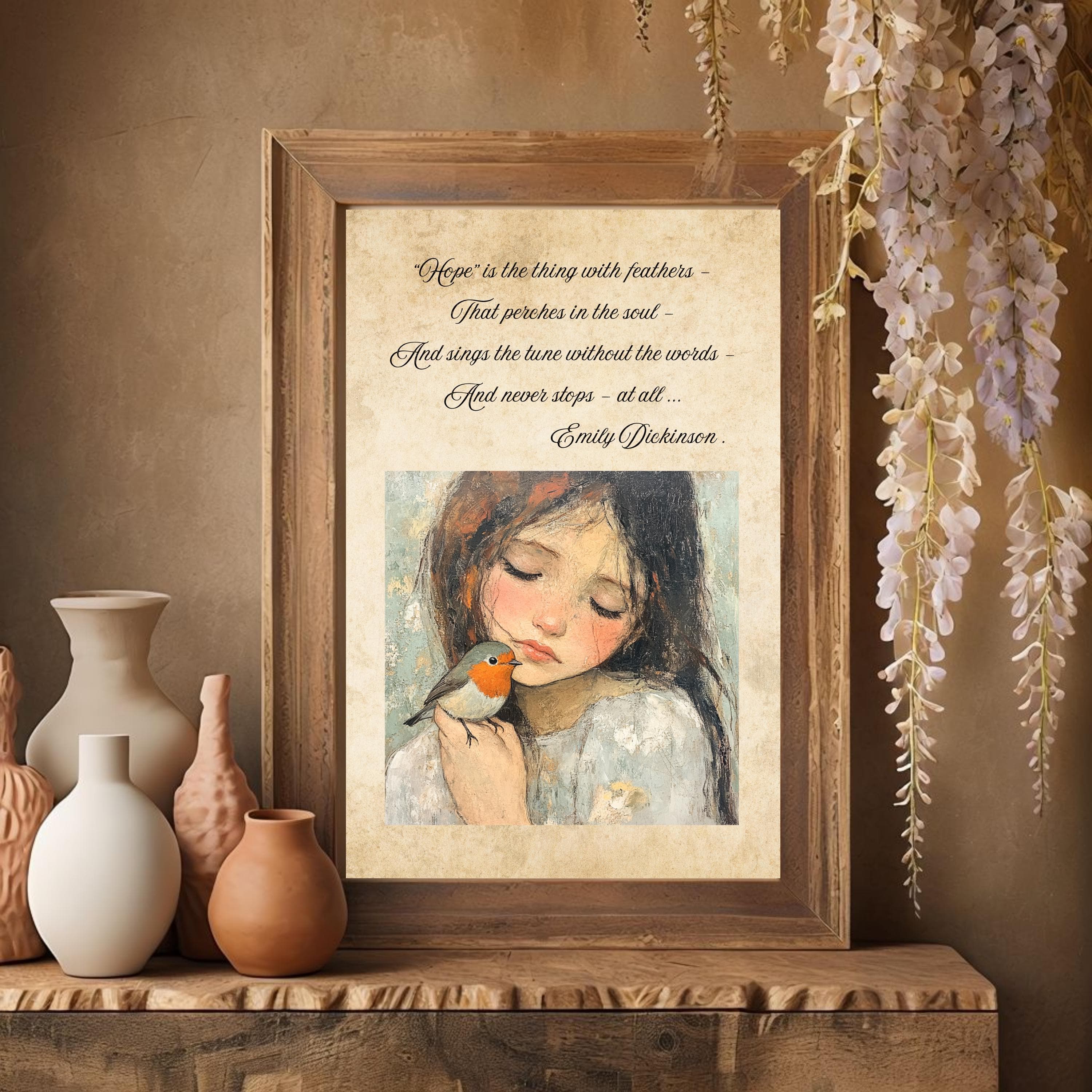 Emily Dickinson Poem Art Print: Watercolor Girl and Robin