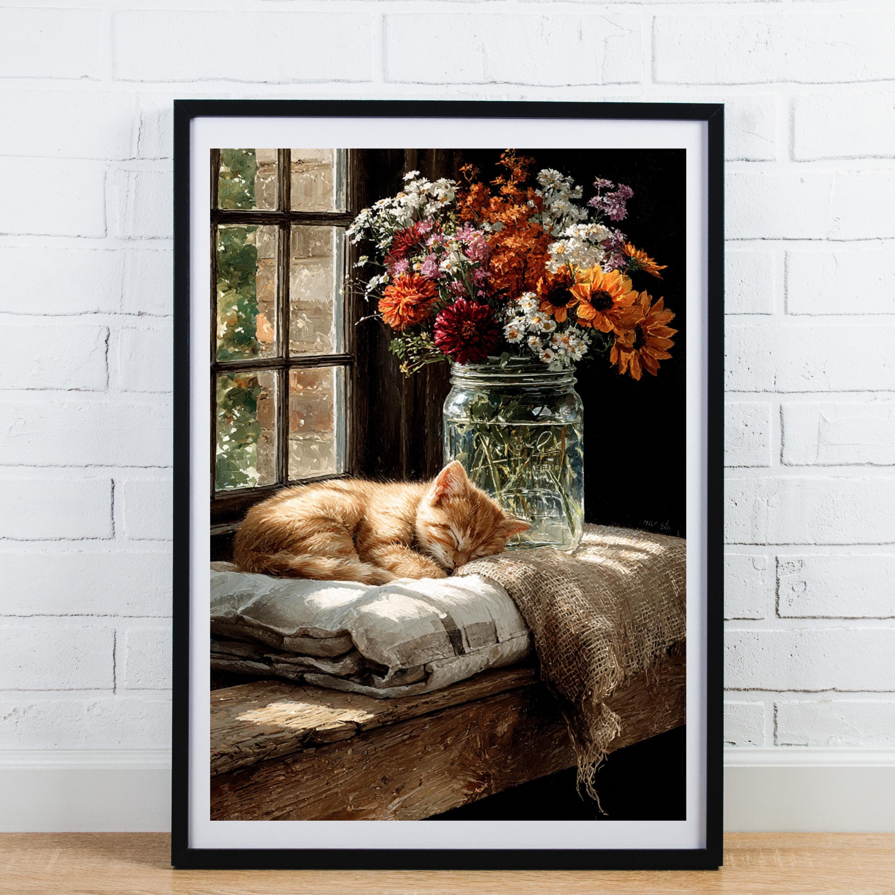 Sleepy Kitten Fall Print: Rustic Farmhouse Still Life Wall Art