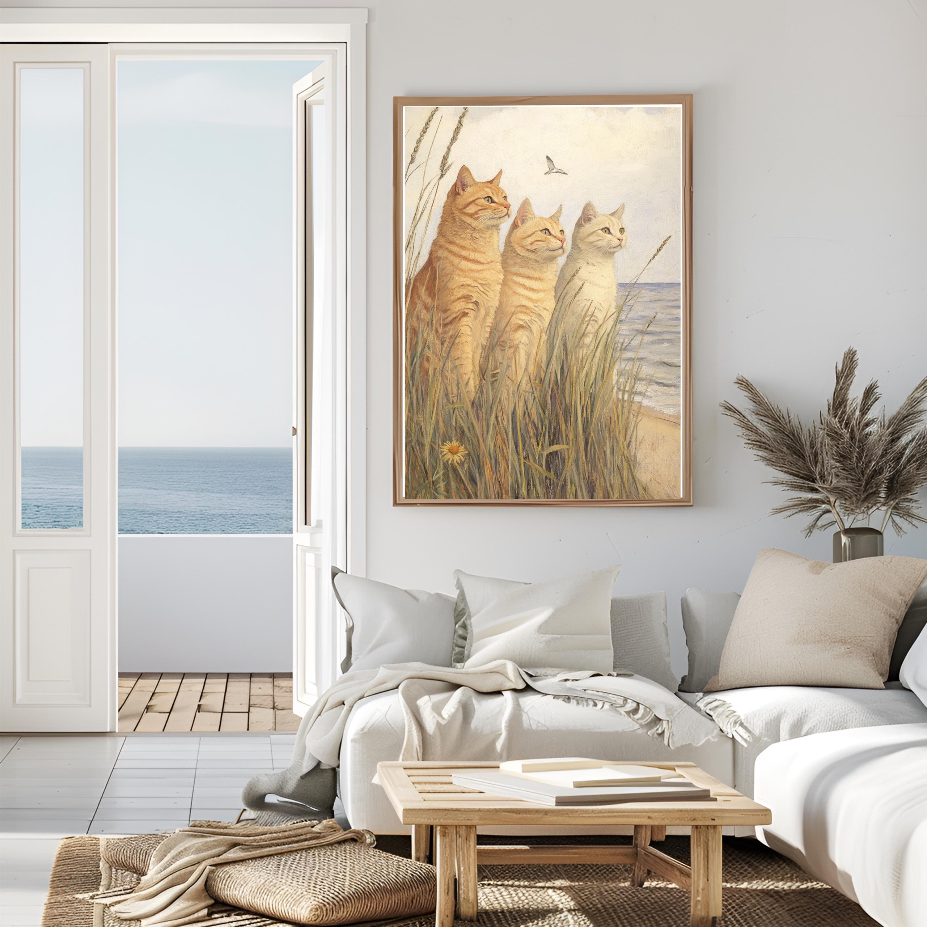 Coastal Ginger Cat Art Print: Beach Trio Watercolor