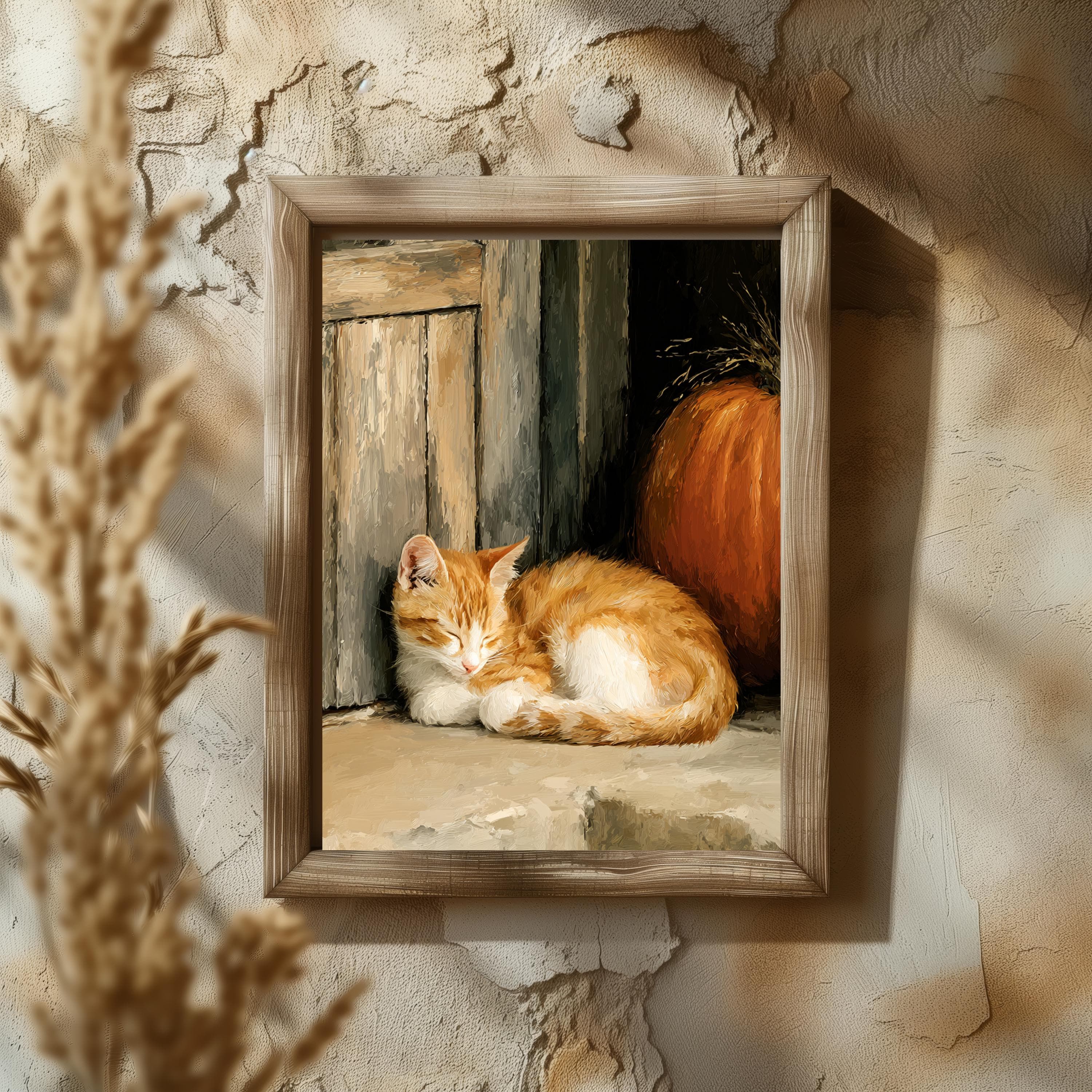 Ginger Cat and Pumpkin Print: Impasto Cottagecore Autumn Wall Art - image 3