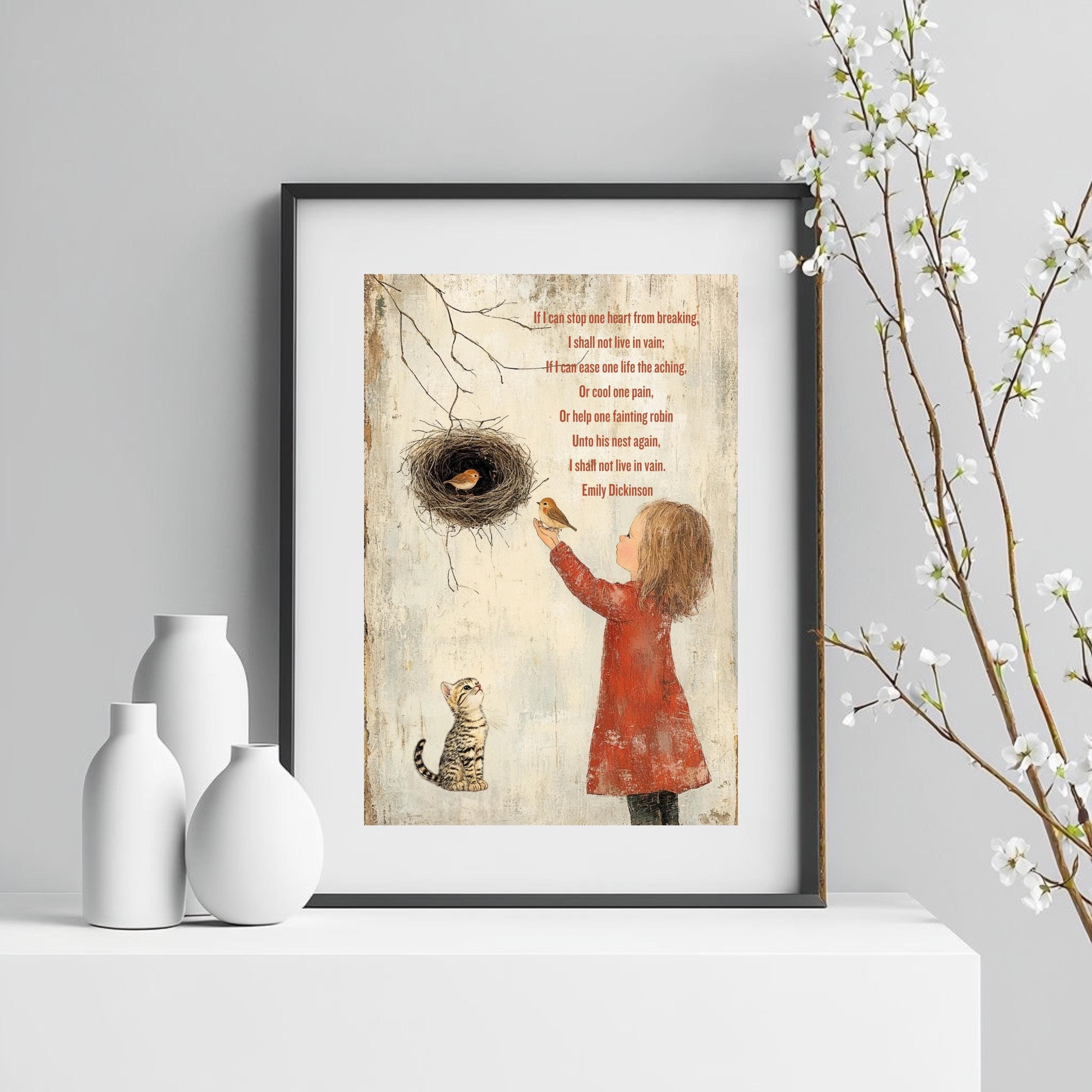 Emily Dickinson Quote Art Print: Whimsical Girl, Bird & Cat Poster - image 3