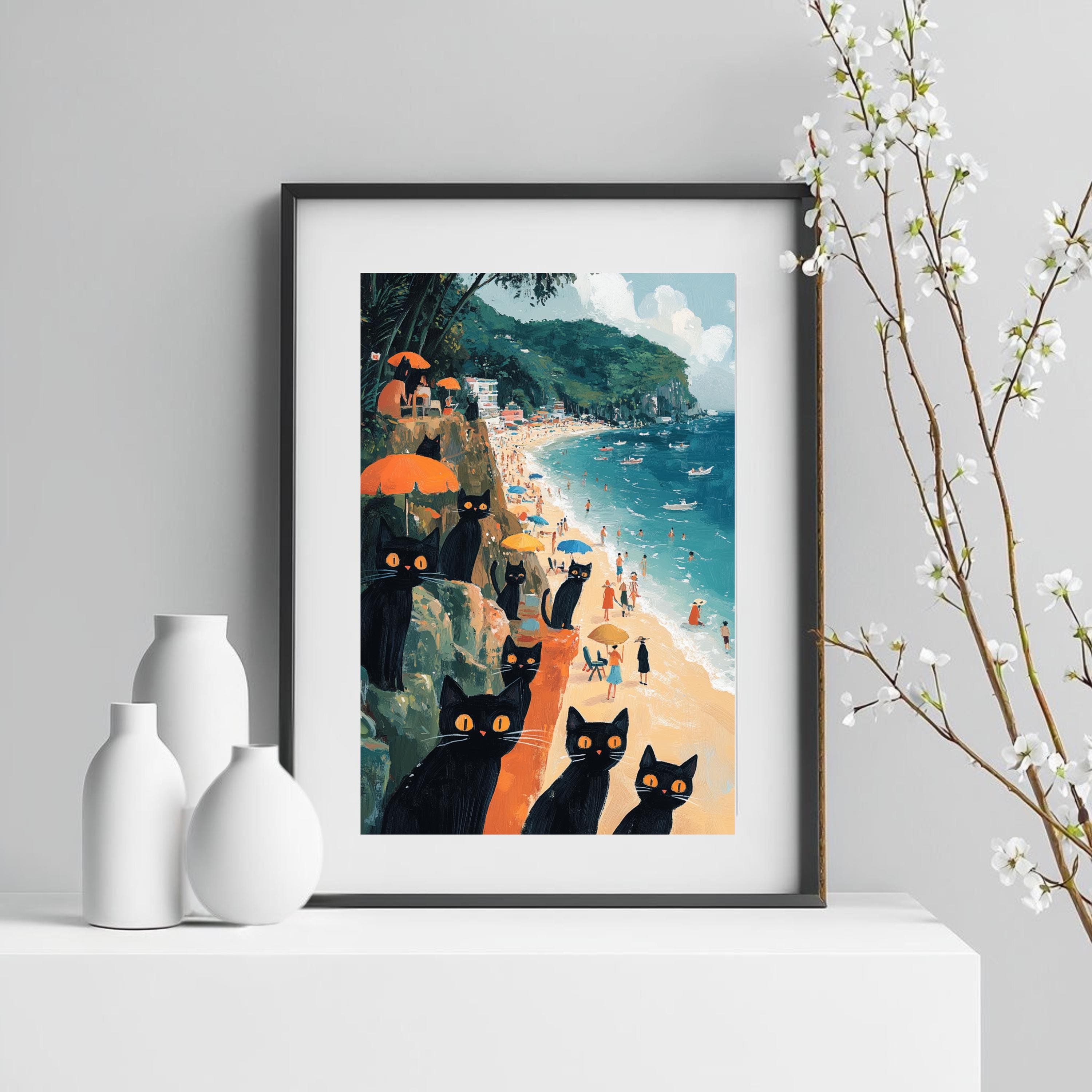 Vintage Beach Scene Art Print: Naive Folk Art with Cats - image 4