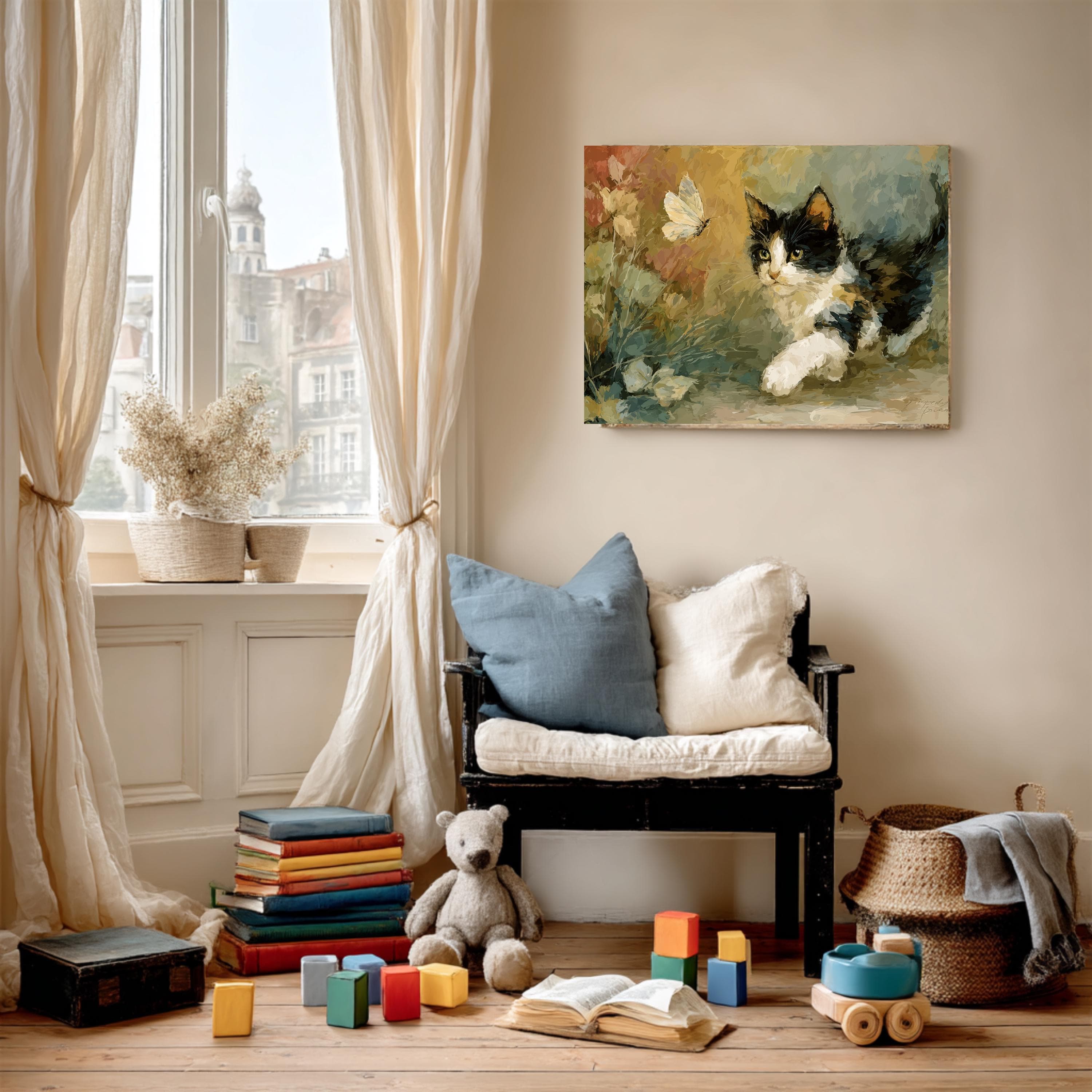 Playful Tuxedo Kitten Canvas Art: Autumn Floral, Vintage Style - image 3