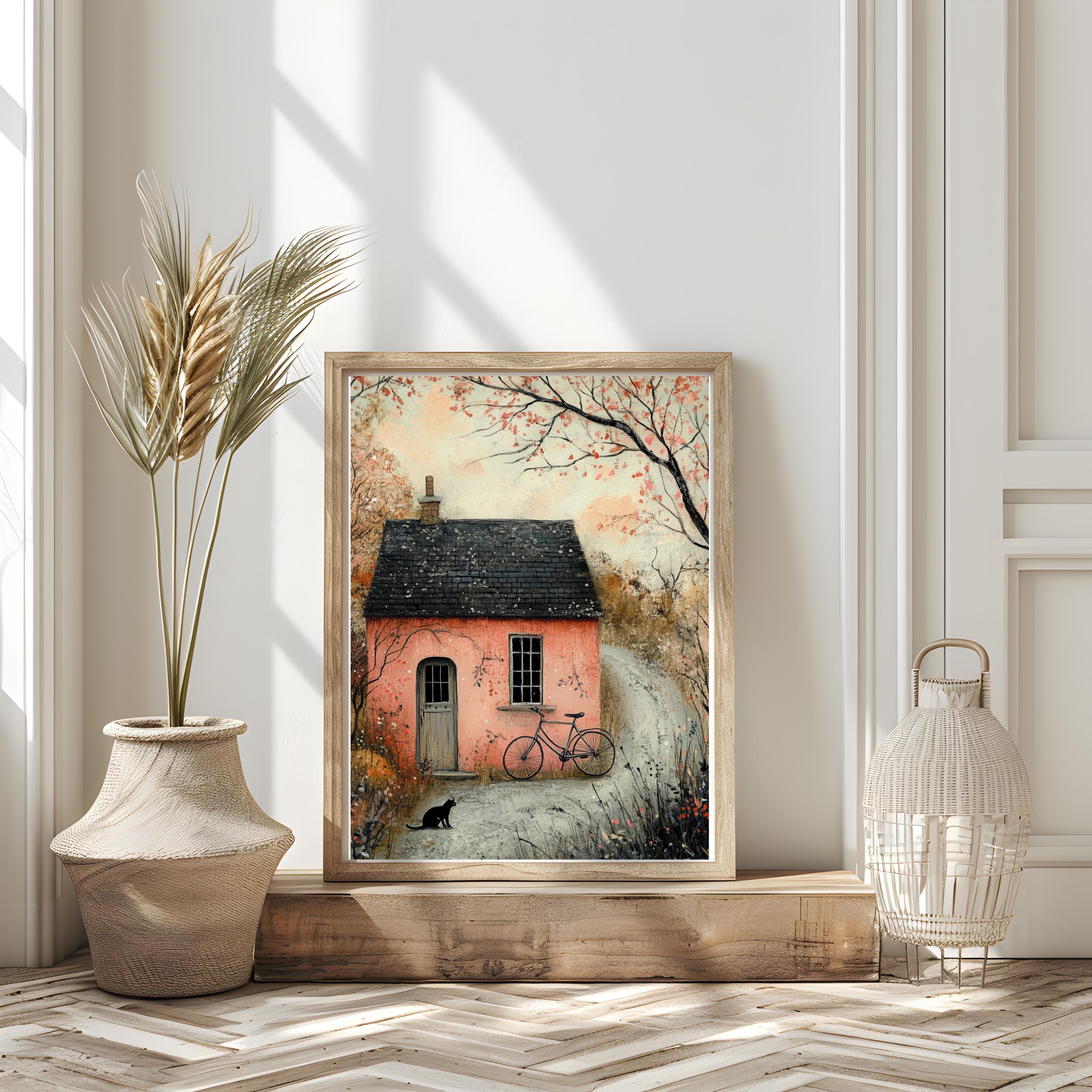 Pink Cottage Art Print: Whimsical Fairy Tale House with Black Cat - image 5
