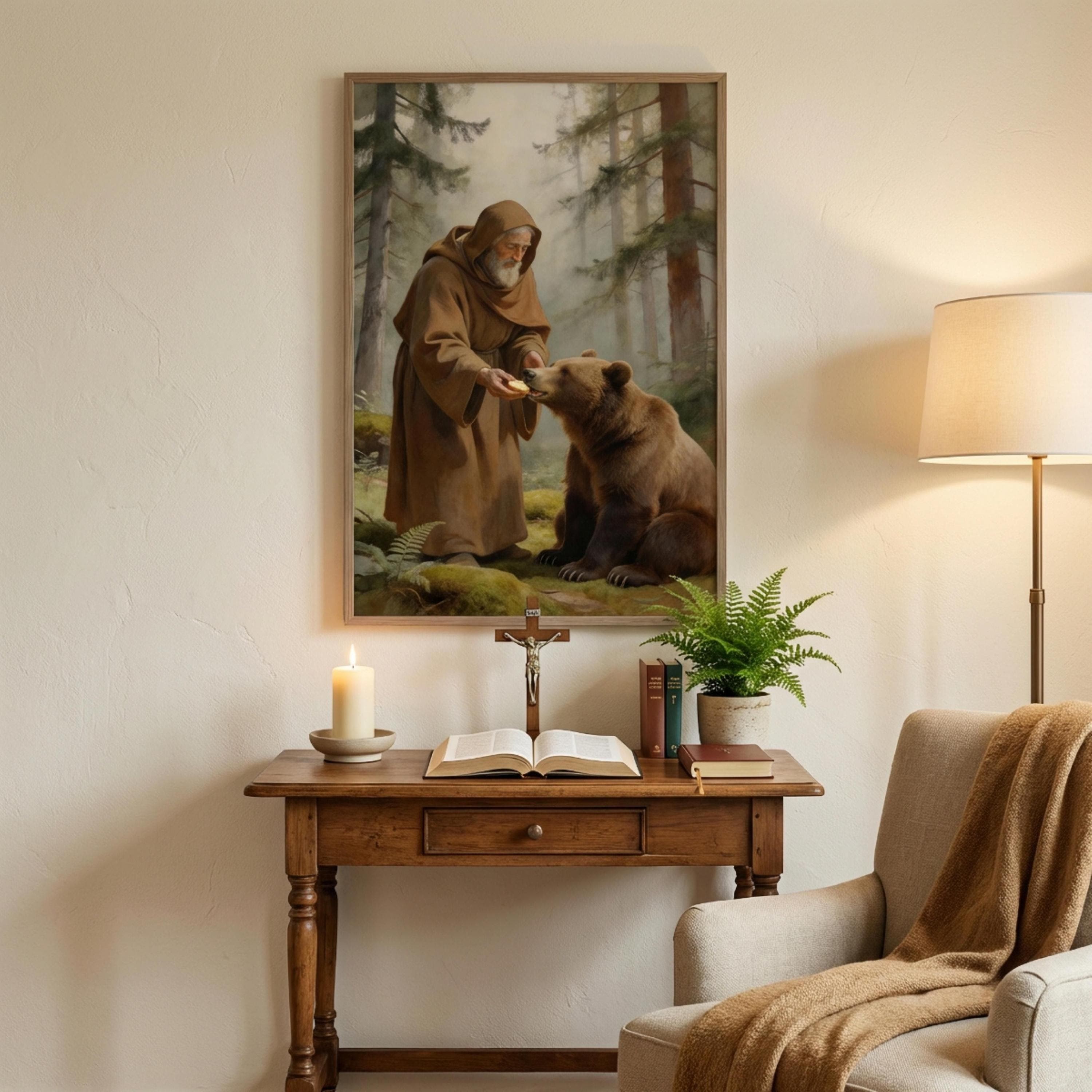 Saint Sergius Feeding Bear Watercolor Print, Orthodox Christian Forest Art - image 3