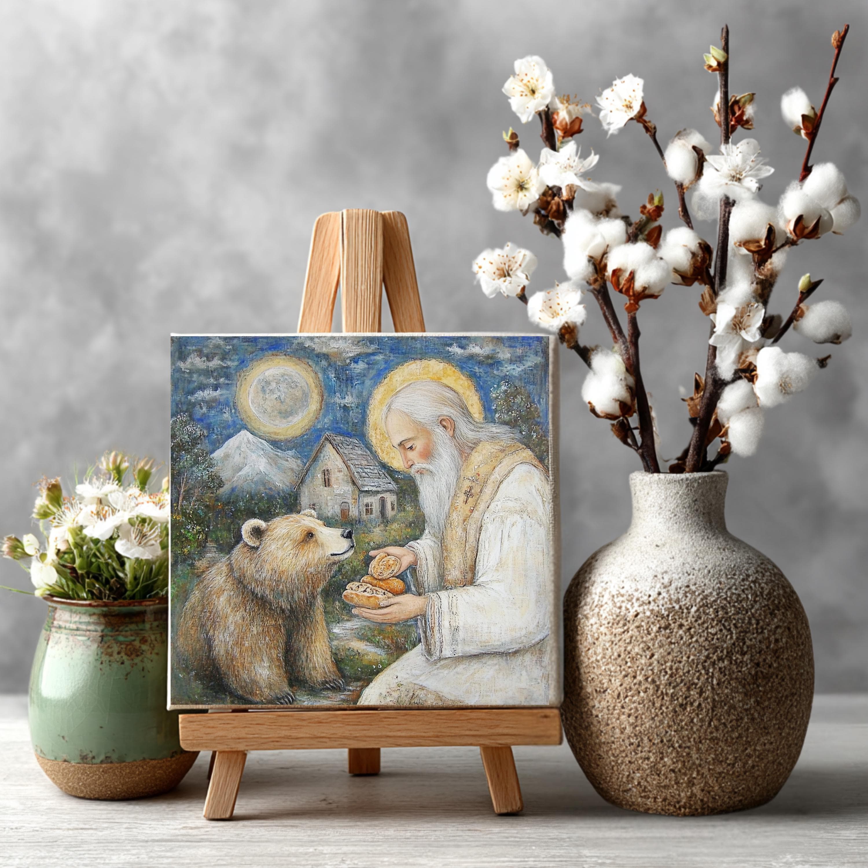 Saint Seraphim and the Bear Canvas: Orthodox Icon Art