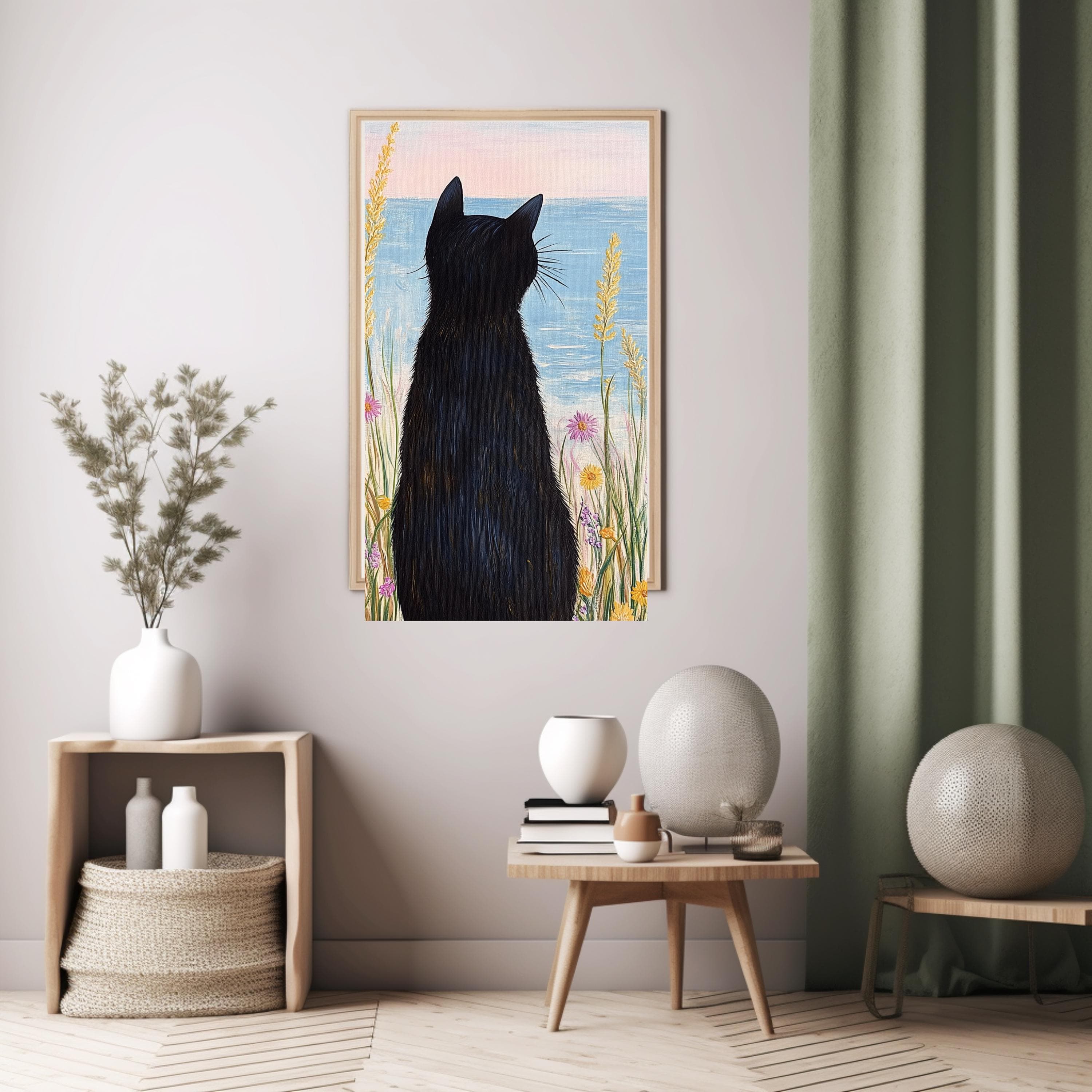 Coastal Black Cat Art Print: Beach House Watercolor Painting - image 4