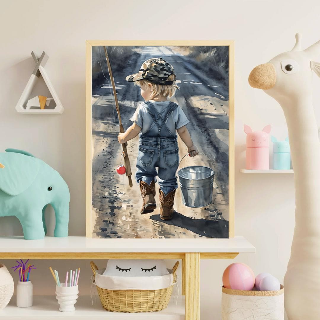 Boy Fishing Watercolor Print: Rustic Country Nursery Art