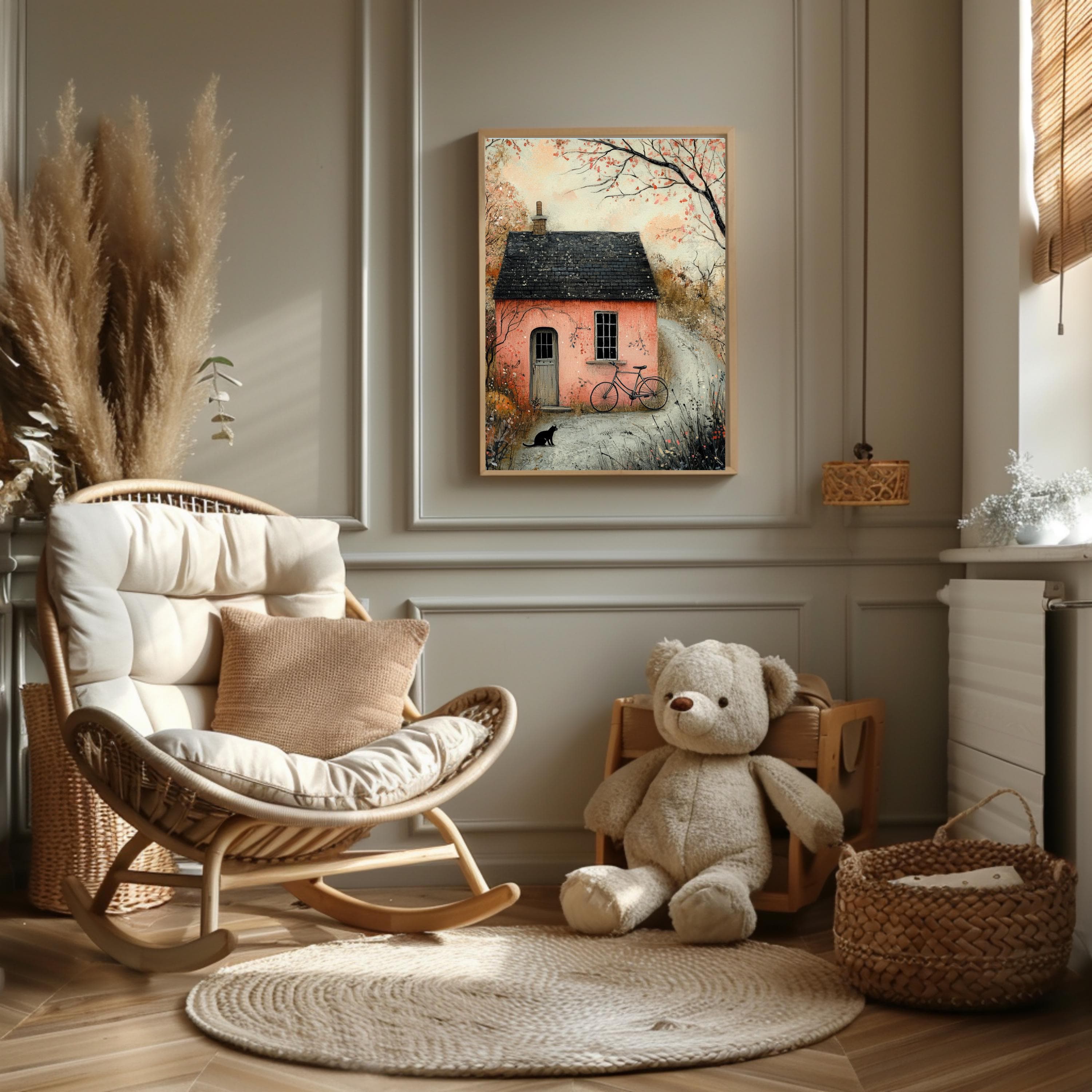 Pink Cottage Art Print: Whimsical Fairy Tale House with Black Cat - image 4