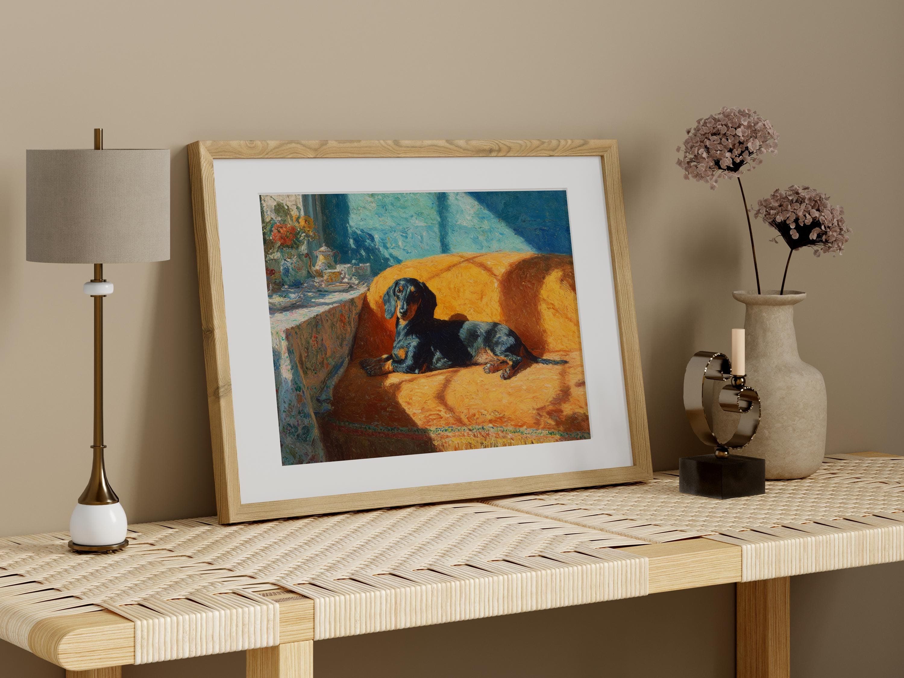 Dachshund Art Print | Sunny Morning, Orange Sofa, Canine Home Decor, Canine Companion Poster - image 3