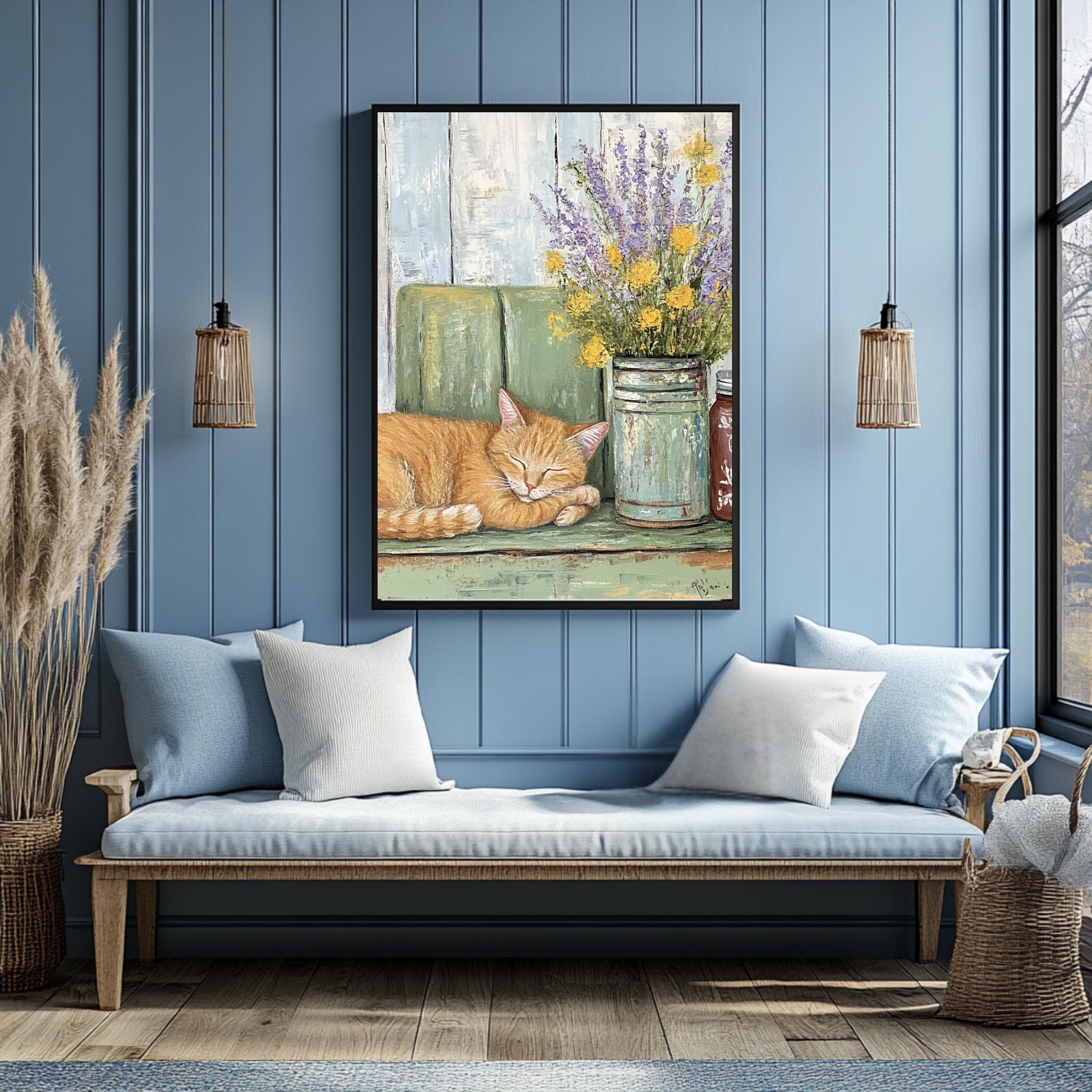 Ginger Cat Canvas Art: Watercolor Cat Napping with Flowers - image 4