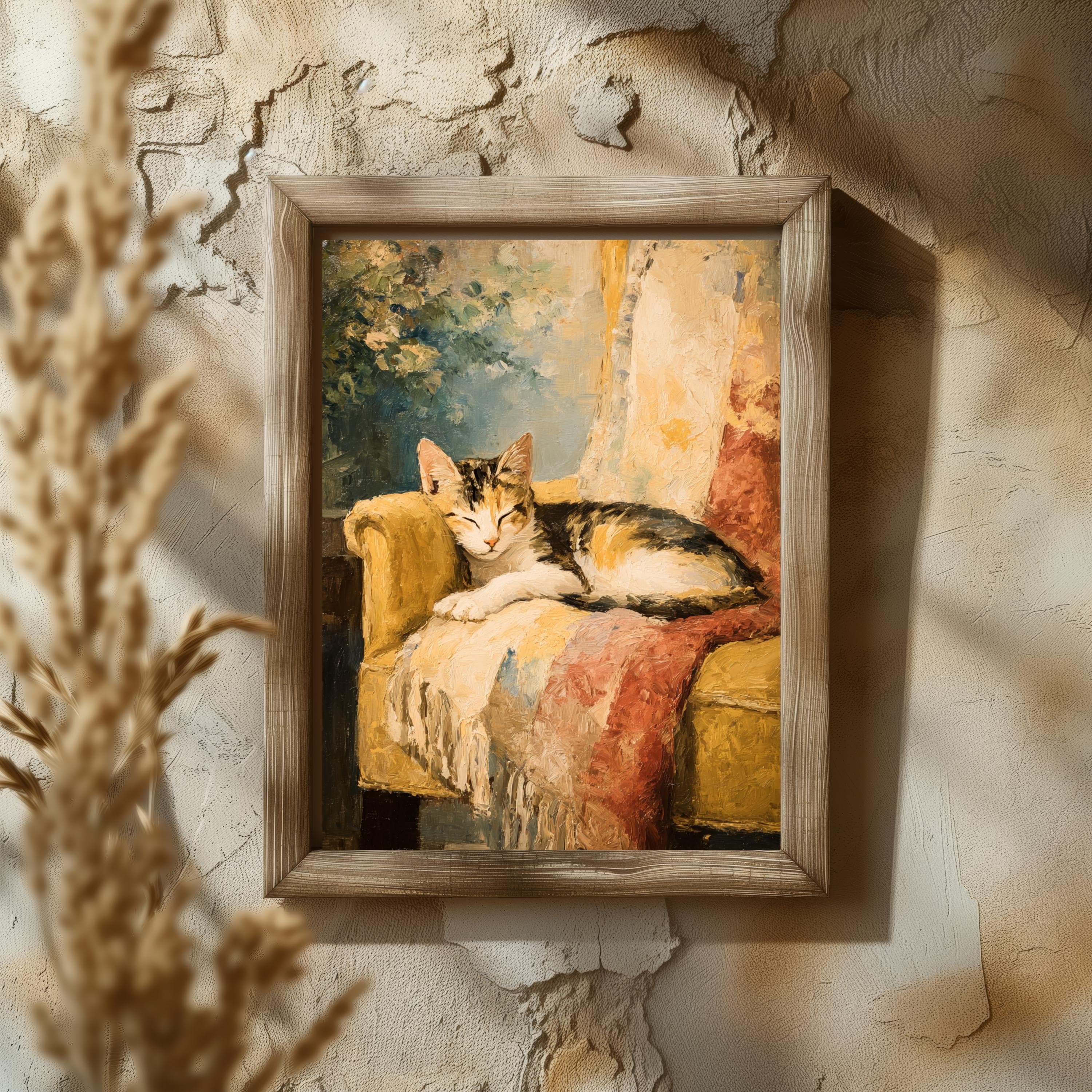 Calico Cat Art Print: Vintage Impasto Oil Painting, Cottagecore Decor - image 3
