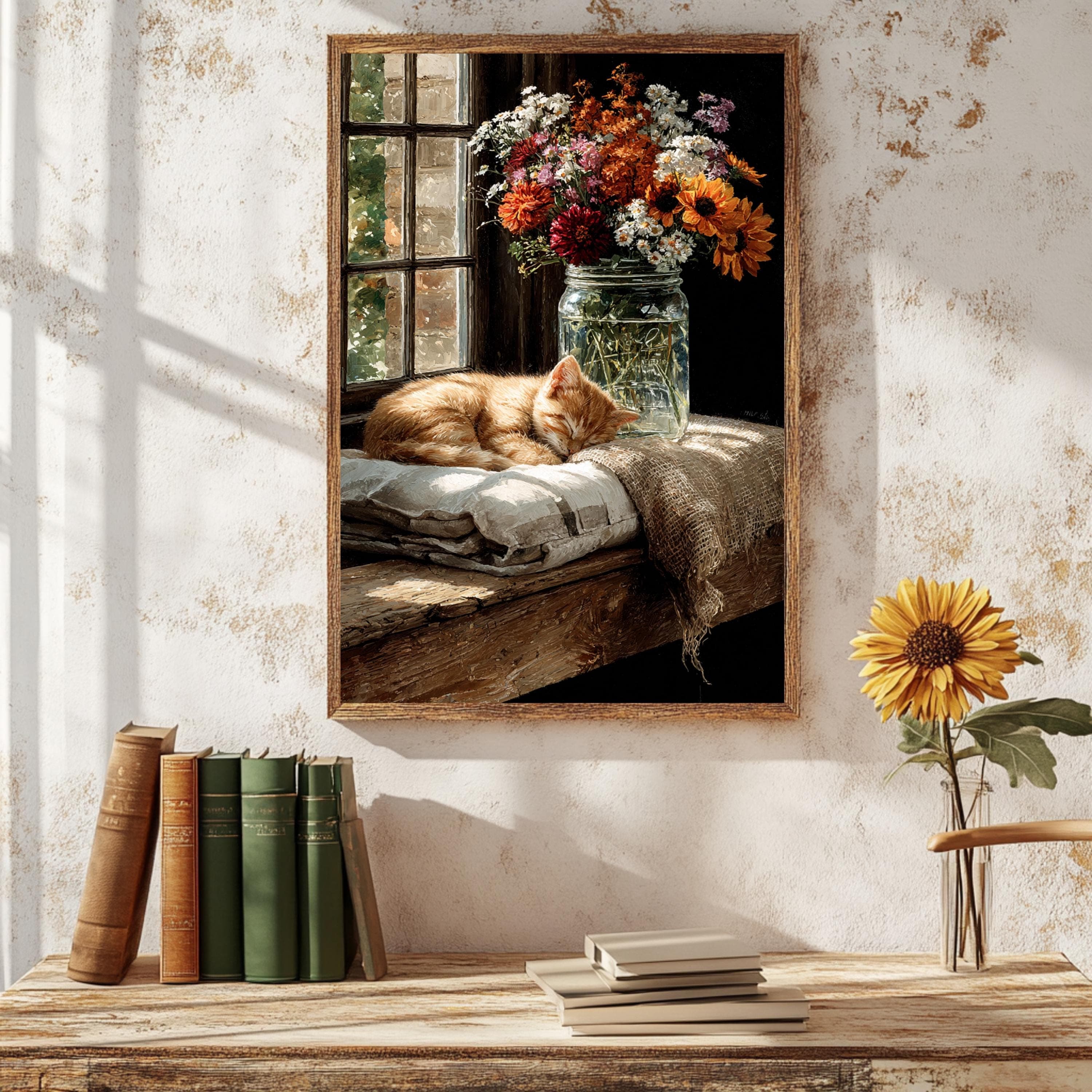 Sleepy Kitten Fall Print: Rustic Farmhouse Still Life Wall Art - image 4