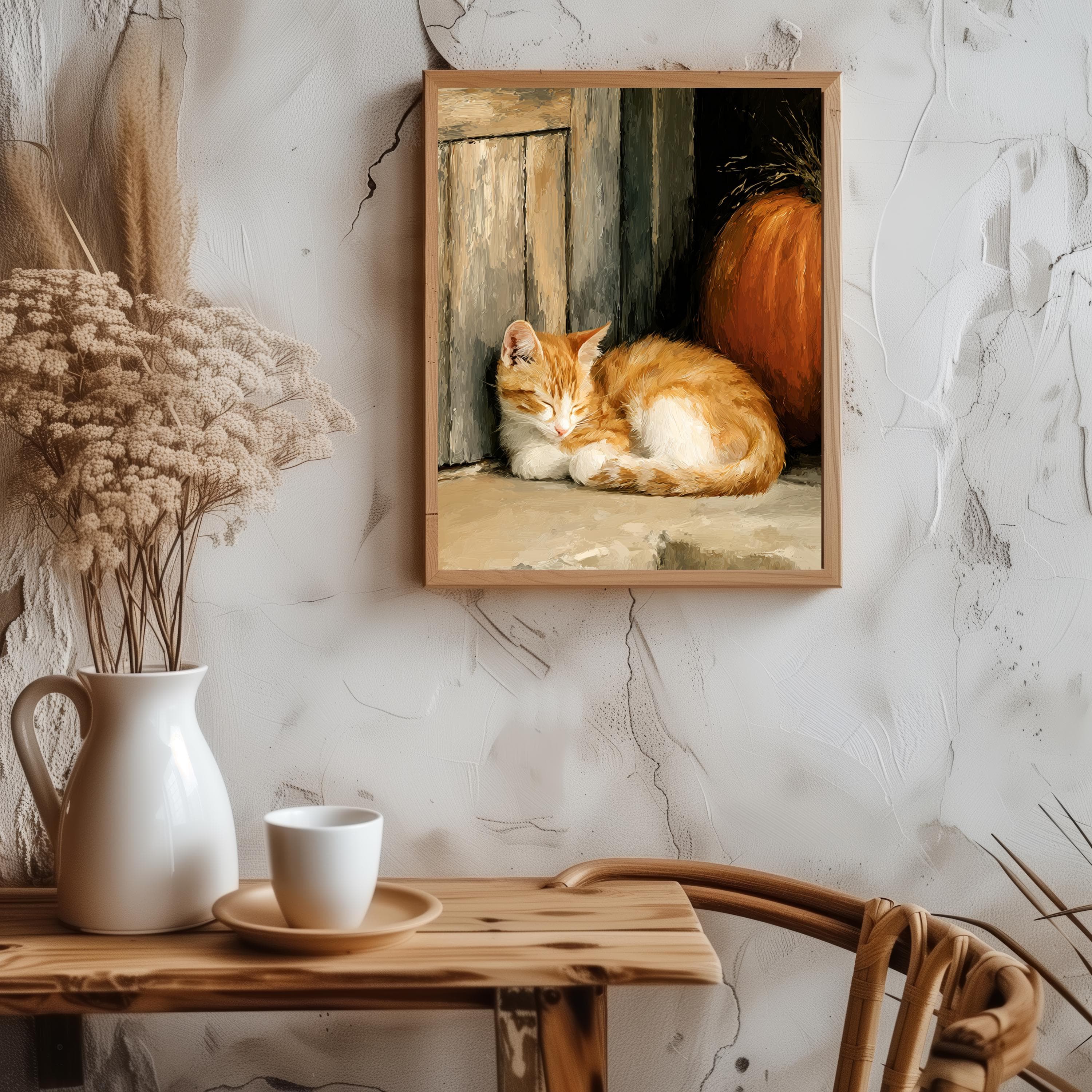 Ginger Cat and Pumpkin Print: Impasto Cottagecore Autumn Wall Art - image 4