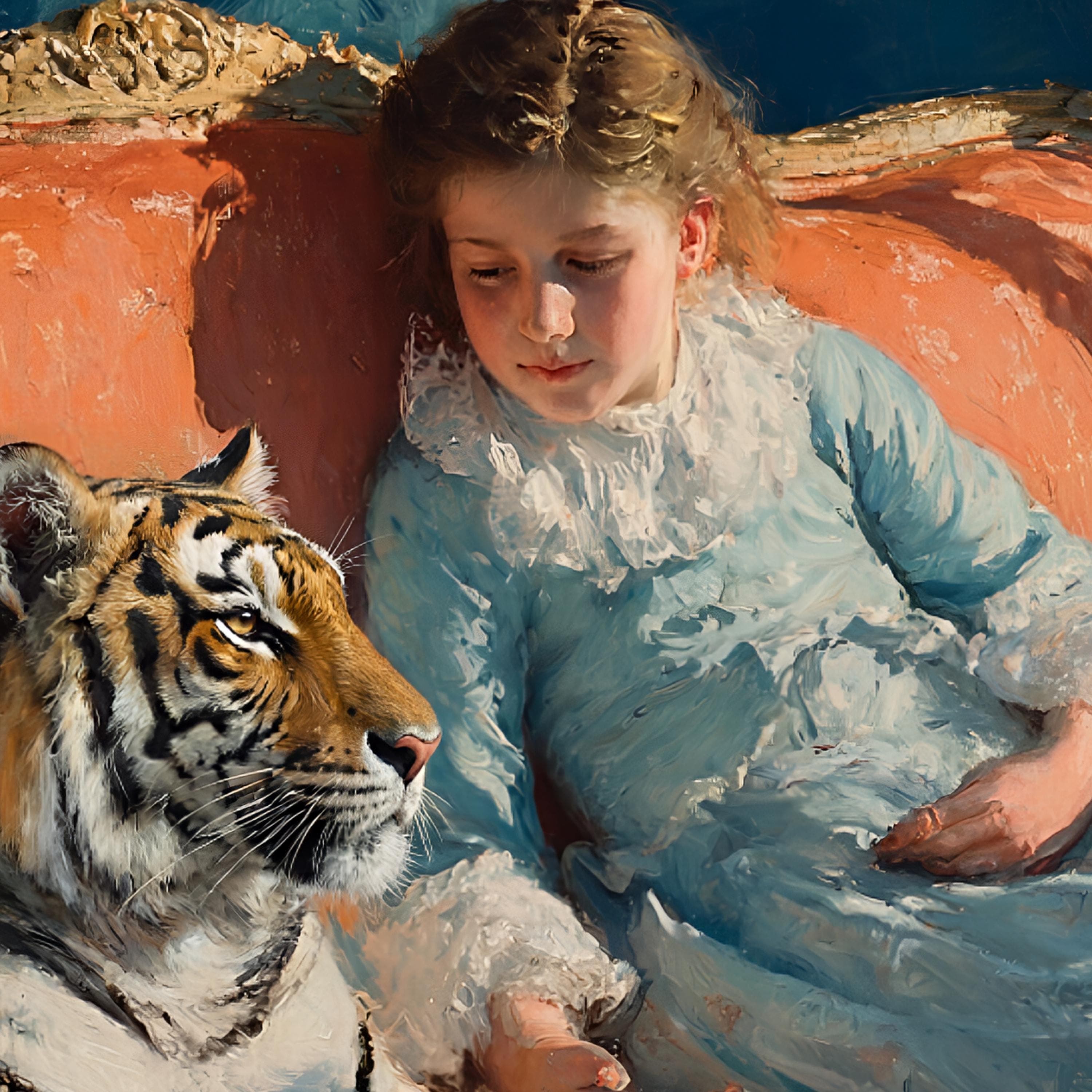 Storybook Girl Tiger Art Print, Vintage Nursery Wall Art, Whimsical Heirloom Style - image 4
