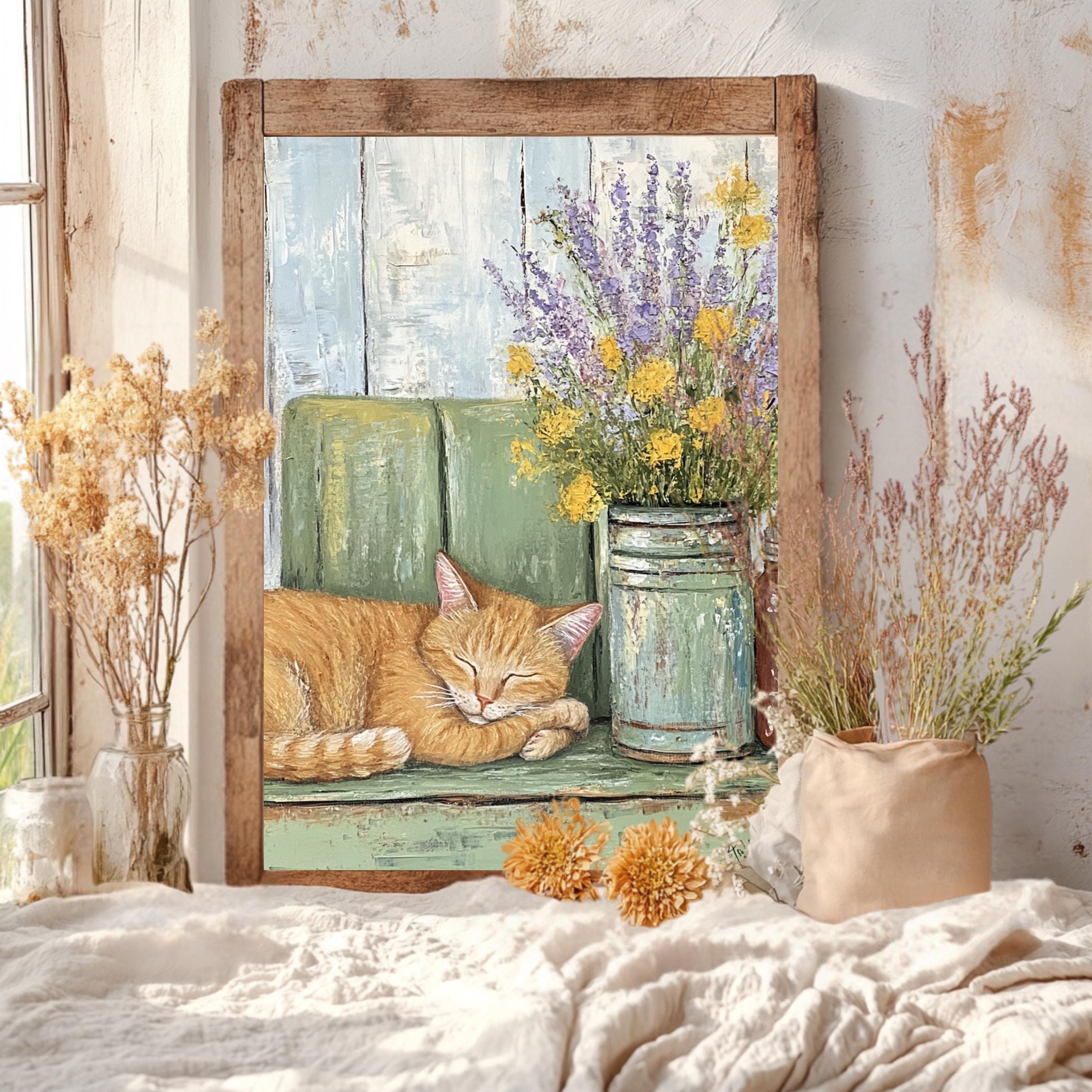 Ginger Cat Canvas Art: Watercolor Cat Napping with Flowers - image 3
