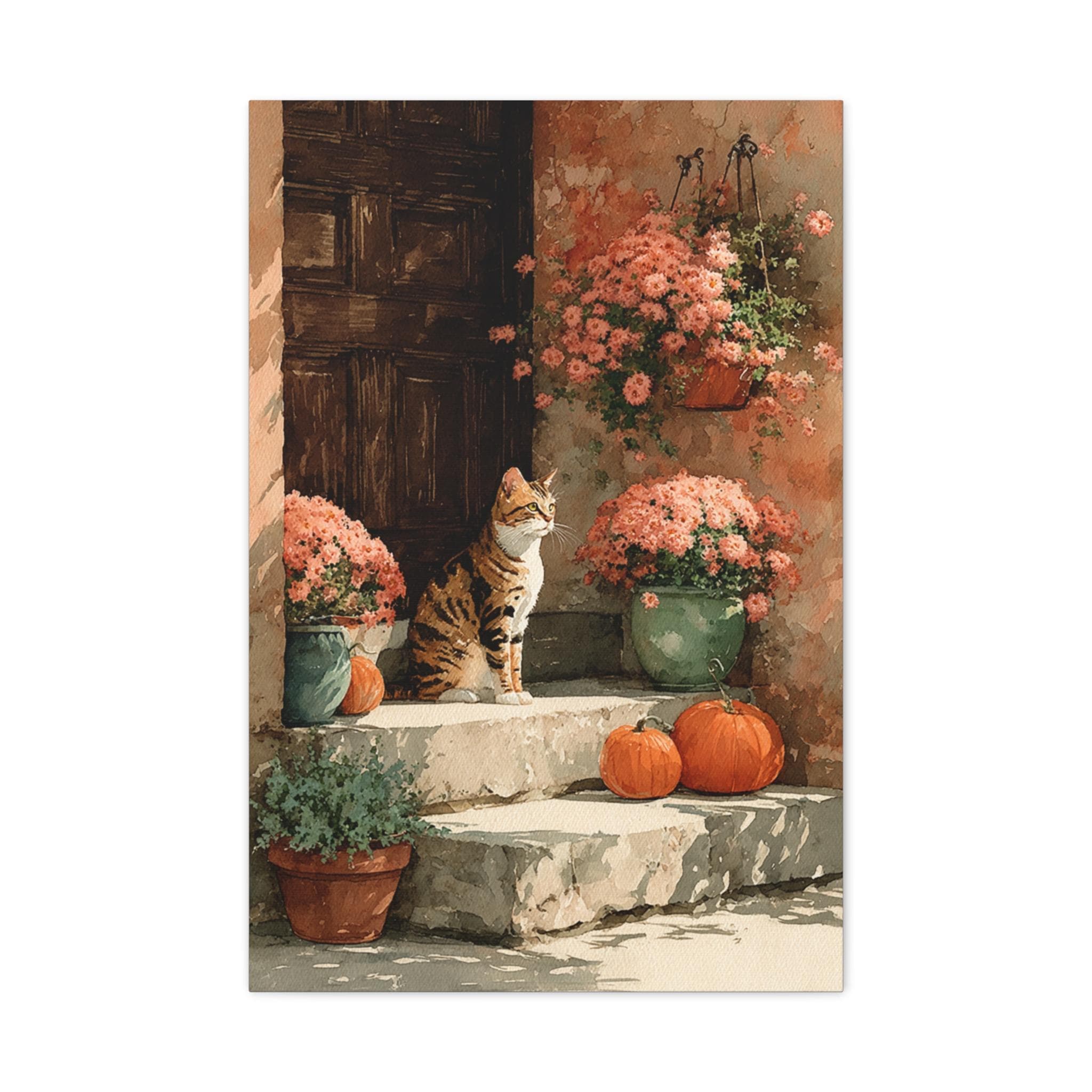Tabby Cat Autumn Porch Canvas Art: Rustic Farmhouse Fall Decor