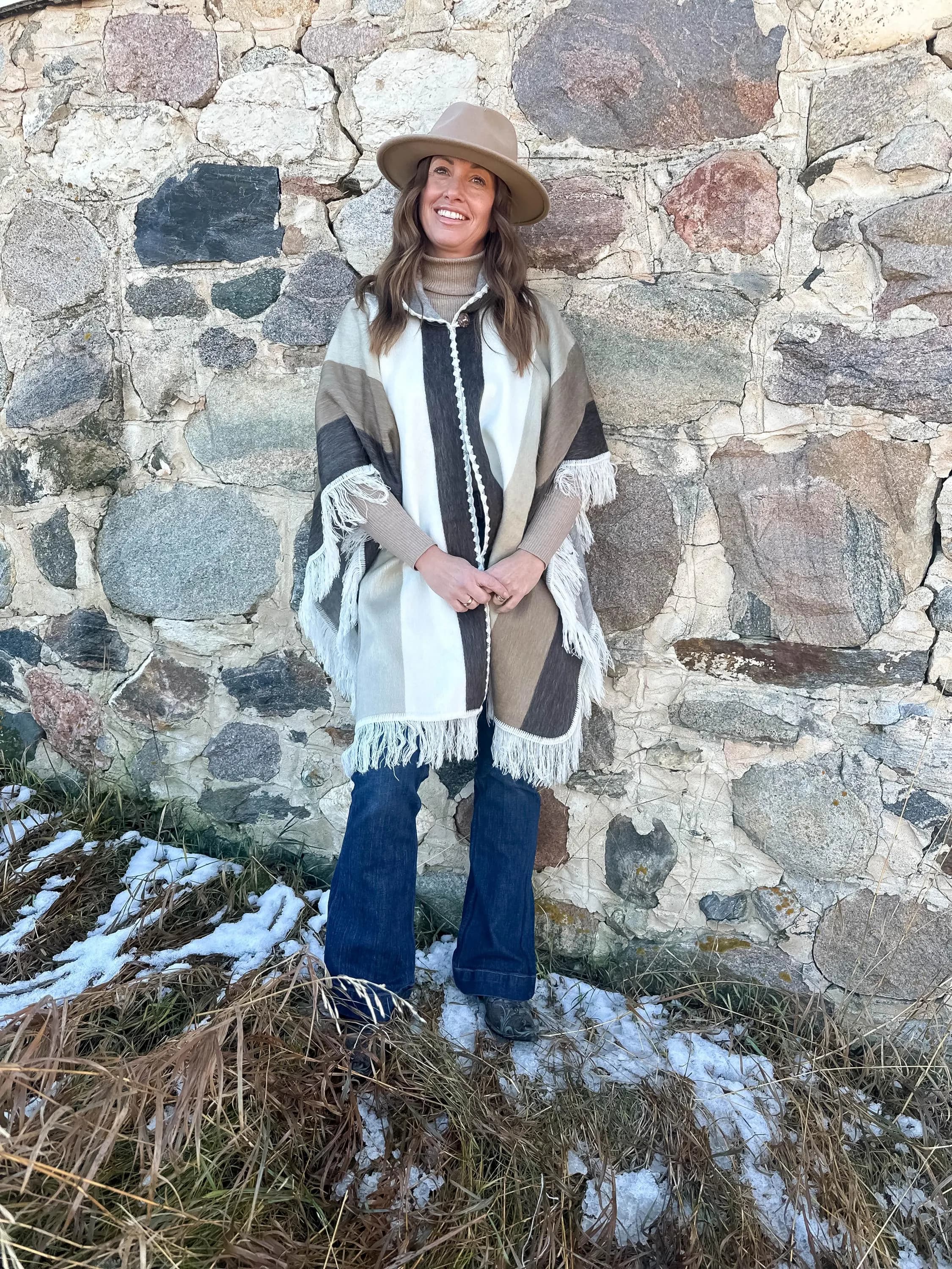 Handwoven Baby Alpaca Poncho – Cream Taupe & Brown Winter Wrap | Elegant Artisan Ruana, Cozy Shawl | Soft Cape Layer | Luxury Gift for Her - image 5