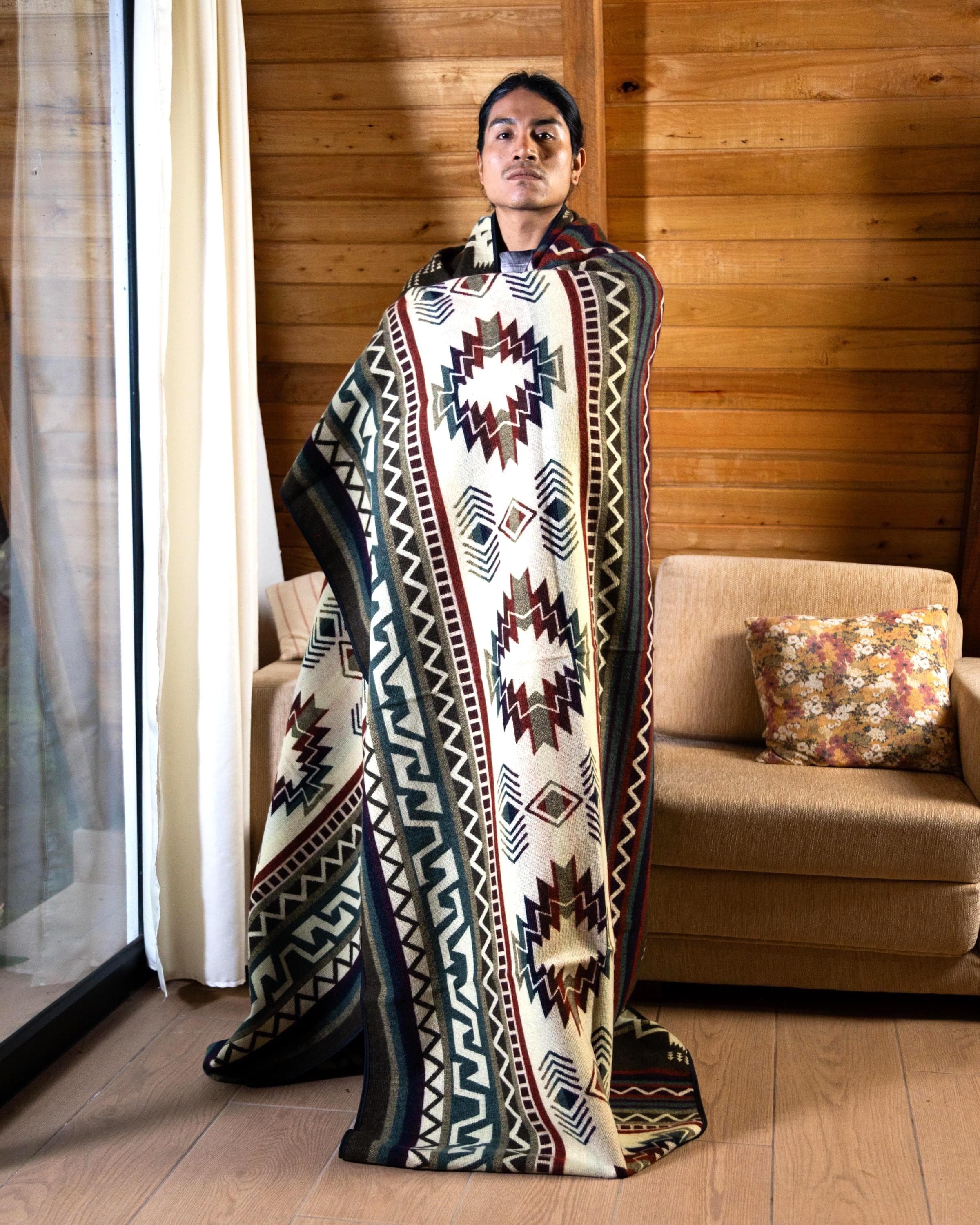 Native American Style Alpaca Blanket Queen Size | Reversible Southwestern Geometric Blanket Sofa Throw | Western Cabin Lodge Decor