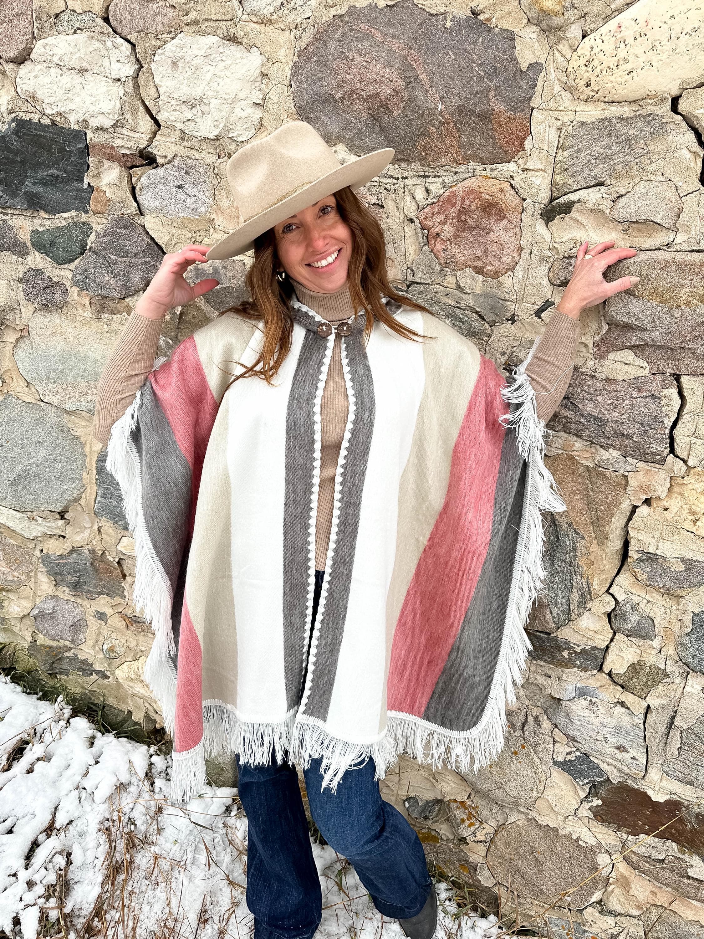 Handwoven Alpaca Poncho – Pink Ivory Winter Wrap | Elegant Artisan Ruana, Cozy Shawl & Soft Cape Layer | Luxe Gift for Her, Wife, Mother