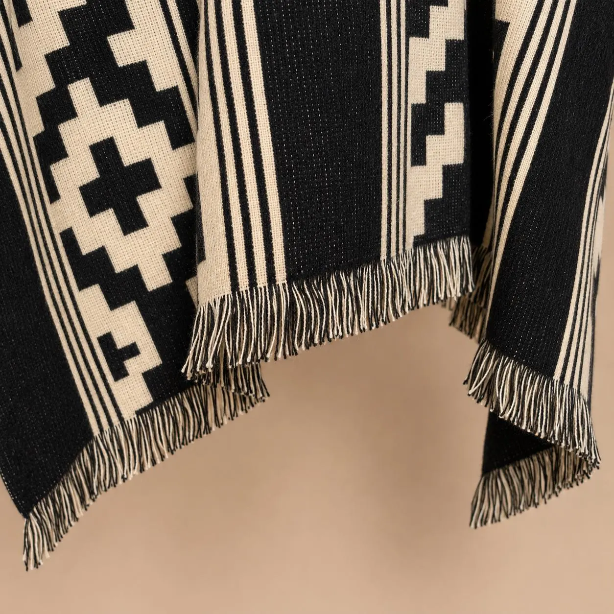 Black Ivory Alpaca Hooded Poncho – Handwoven Andean Serape, Geometric Western Wrap, Unisex Winter Layer - image 3