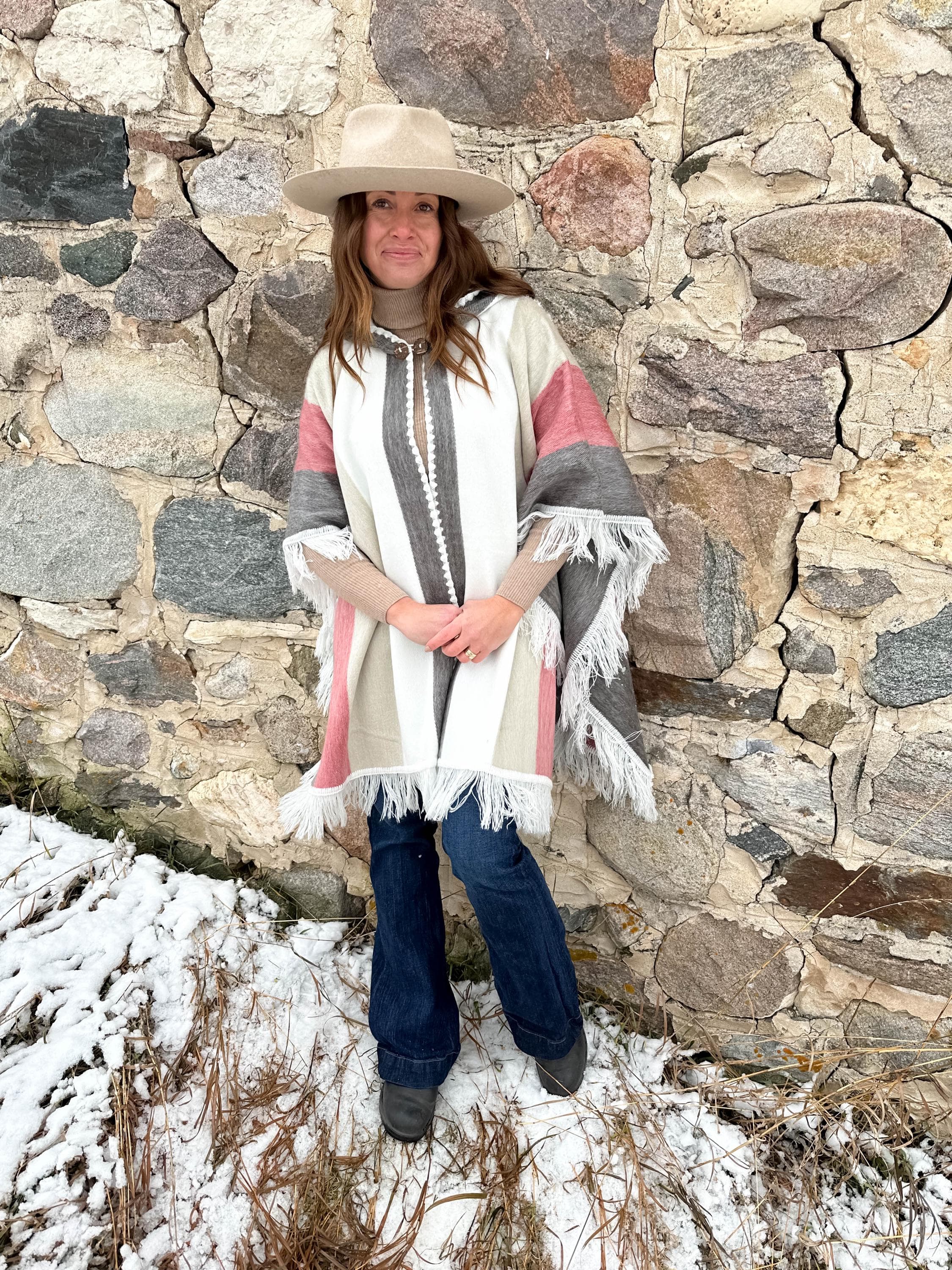 Handwoven Alpaca Poncho – Pink Ivory Winter Wrap | Elegant Artisan Ruana, Cozy Shawl & Soft Cape Layer | Luxe Gift for Her, Wife, Mother - image 5