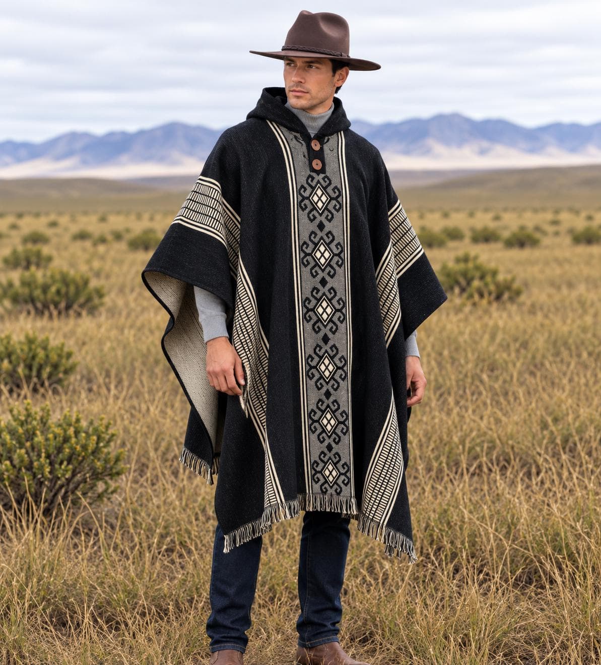 Handwoven Hooded Alpaca Wool Western Poncho | Boho Cape for Men & Women | Festival Outfit Gift