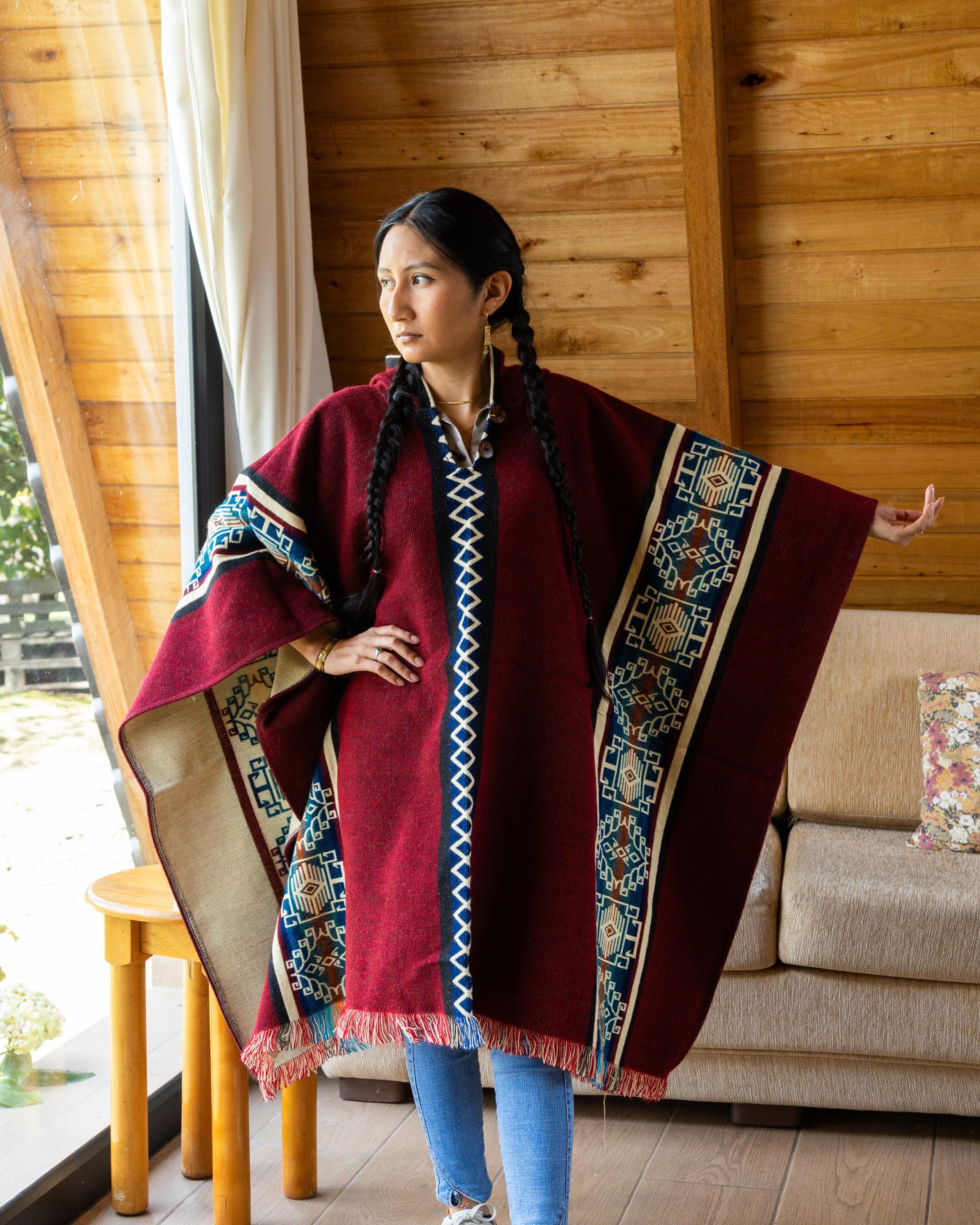 Handwoven Hooded Baby Alpaca Poncho | Burgundy Lightweight Pullover | Men & Women - image 5