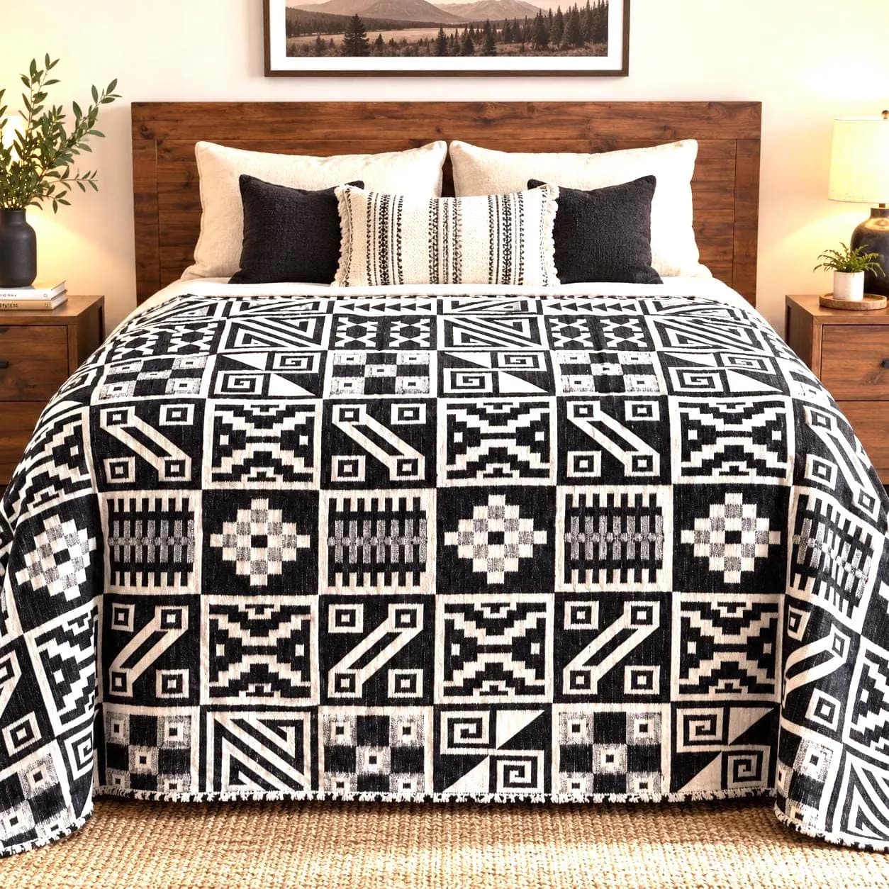 Native American Style 100% Wool Blanket Queen Size | Handwoven Andean Geometric Southwest Blanket | Heavy Wool Aztec Blanket | Cabin Decor