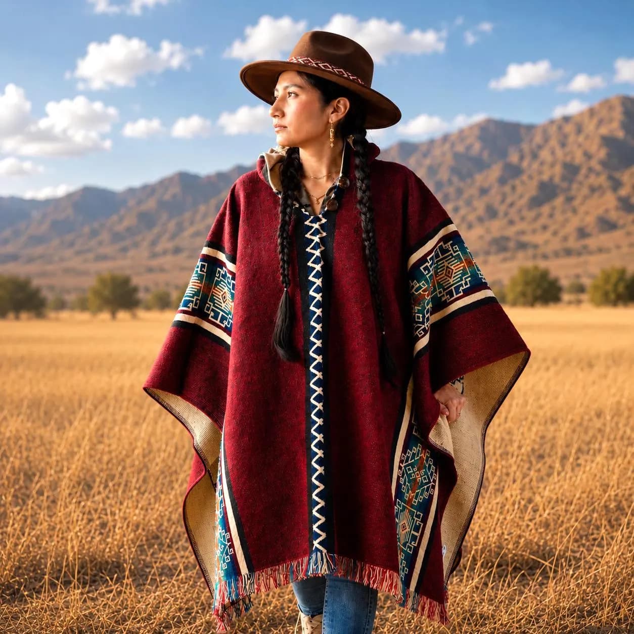Handwoven Hooded Baby Alpaca Poncho | Burgundy Lightweight Pullover | Men & Women