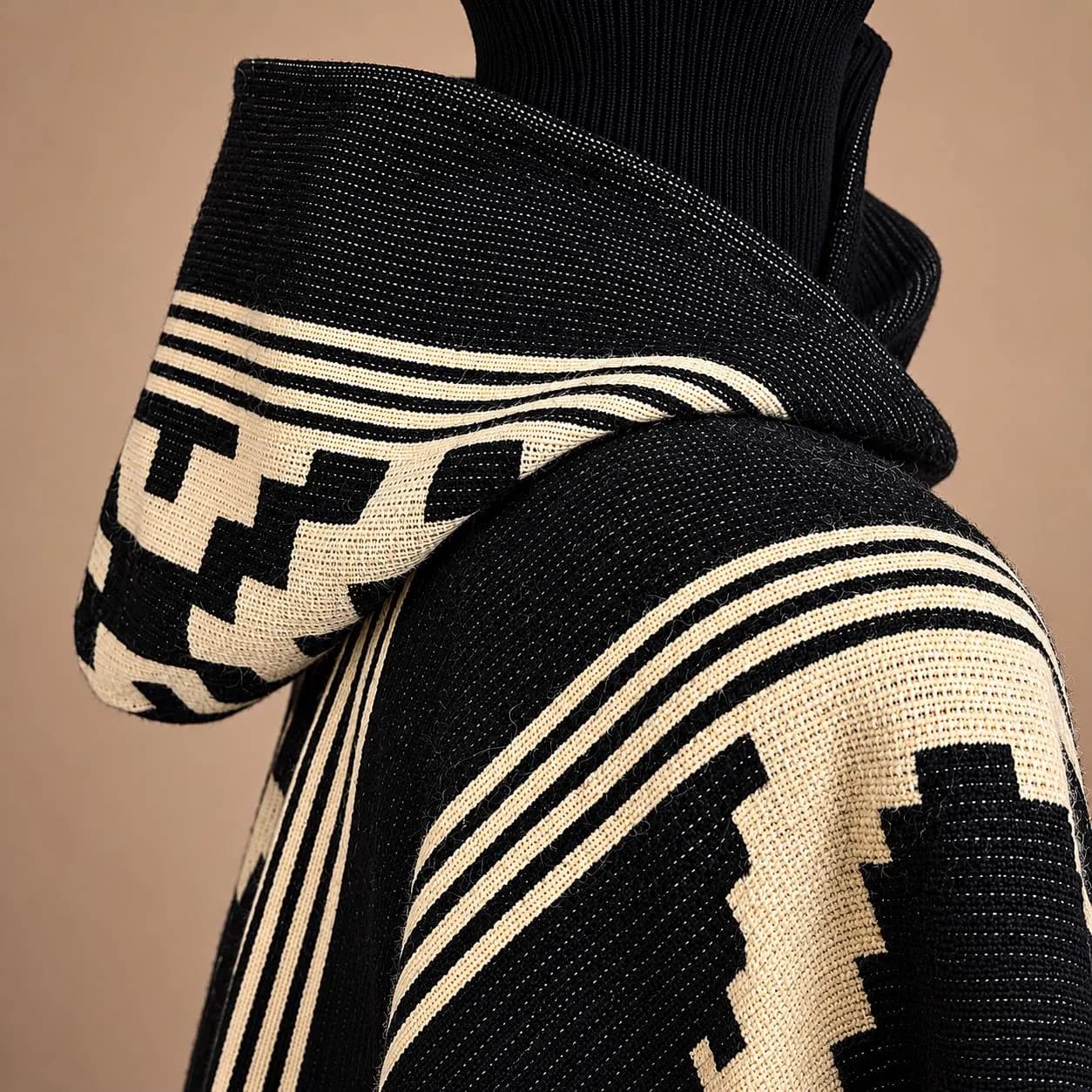Black Ivory Alpaca Hooded Poncho – Handwoven Andean Serape, Geometric Western Wrap, Unisex Winter Layer - image 2