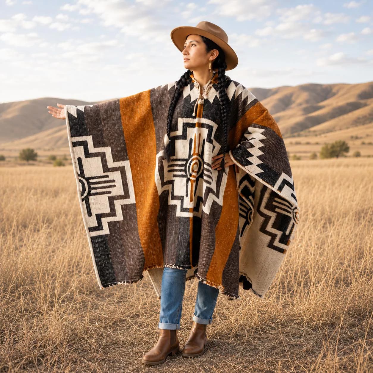 100% Wool Hooded Poncho | Southwestern Pullover | Unisex Western Outerwear